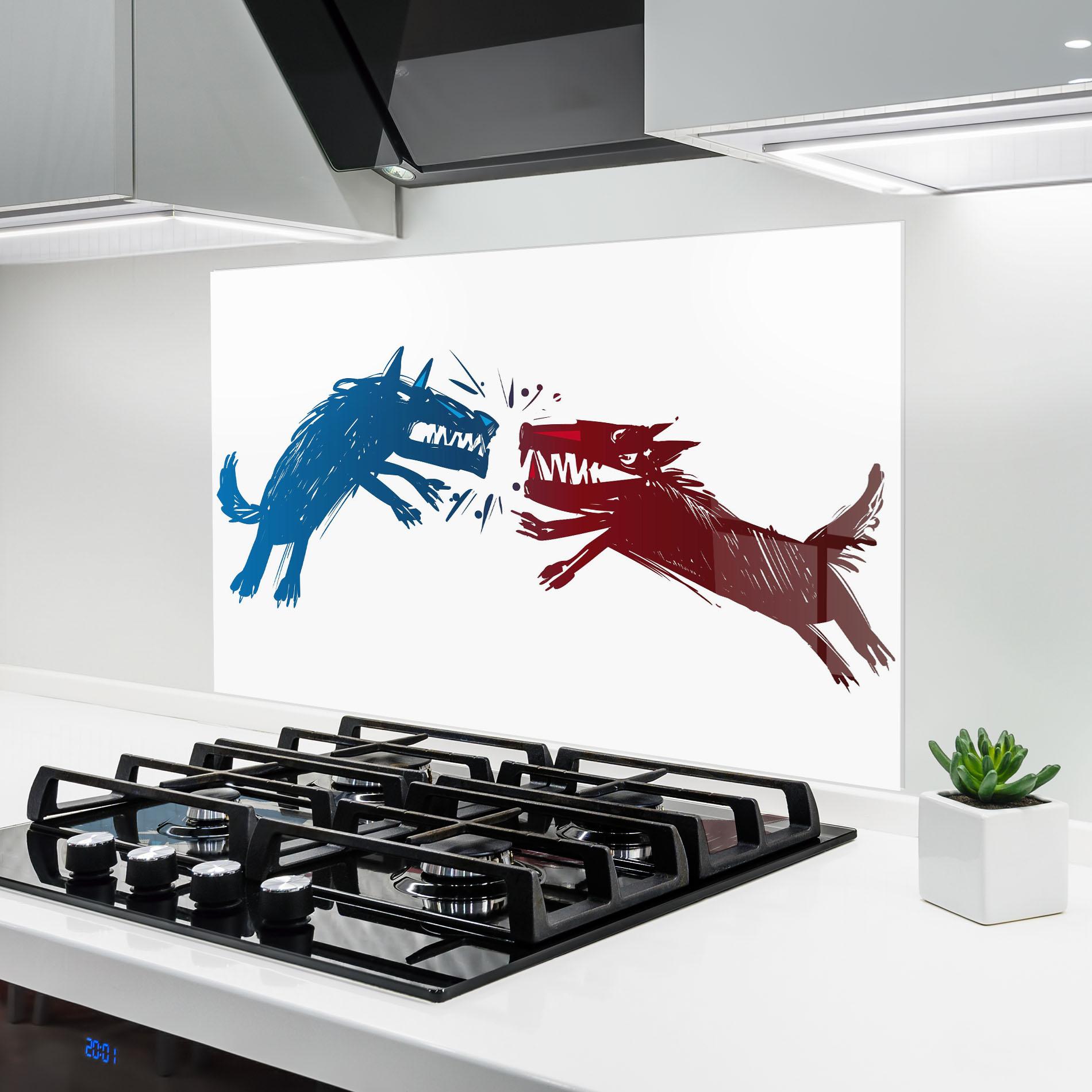 Küchenrückwand Glas Red Blue Wolves mockup 6