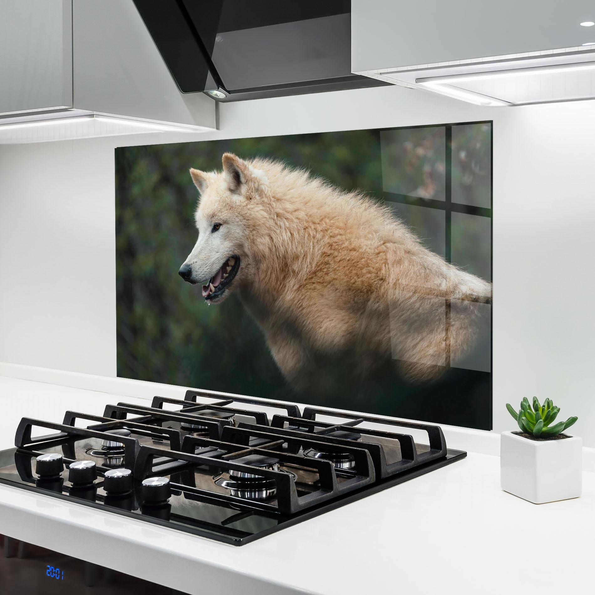 Küchenrückwand Glas White Alpha Wolf mockup 6