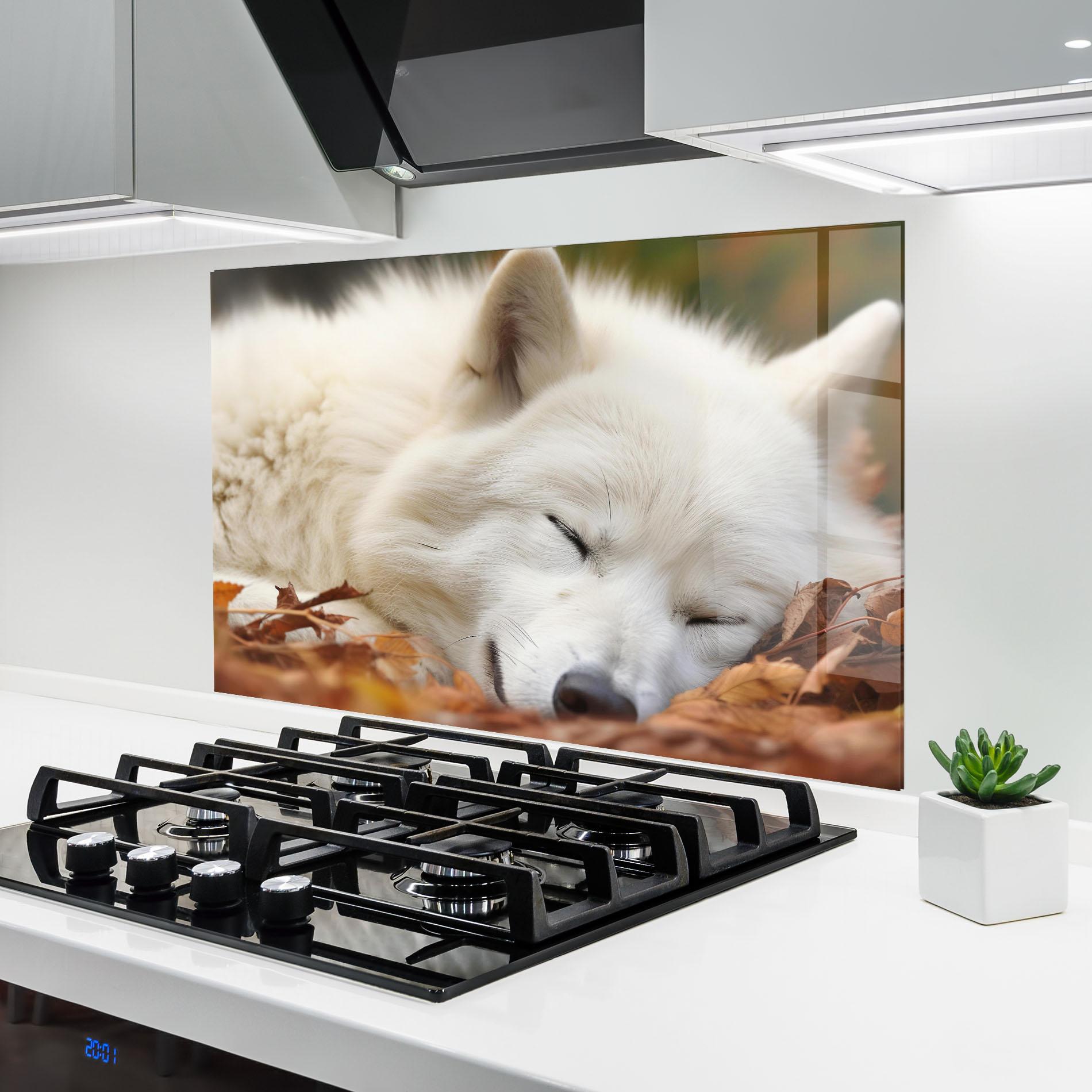 Küchenrückwand Glas White Wolf Sleeping mockup 6