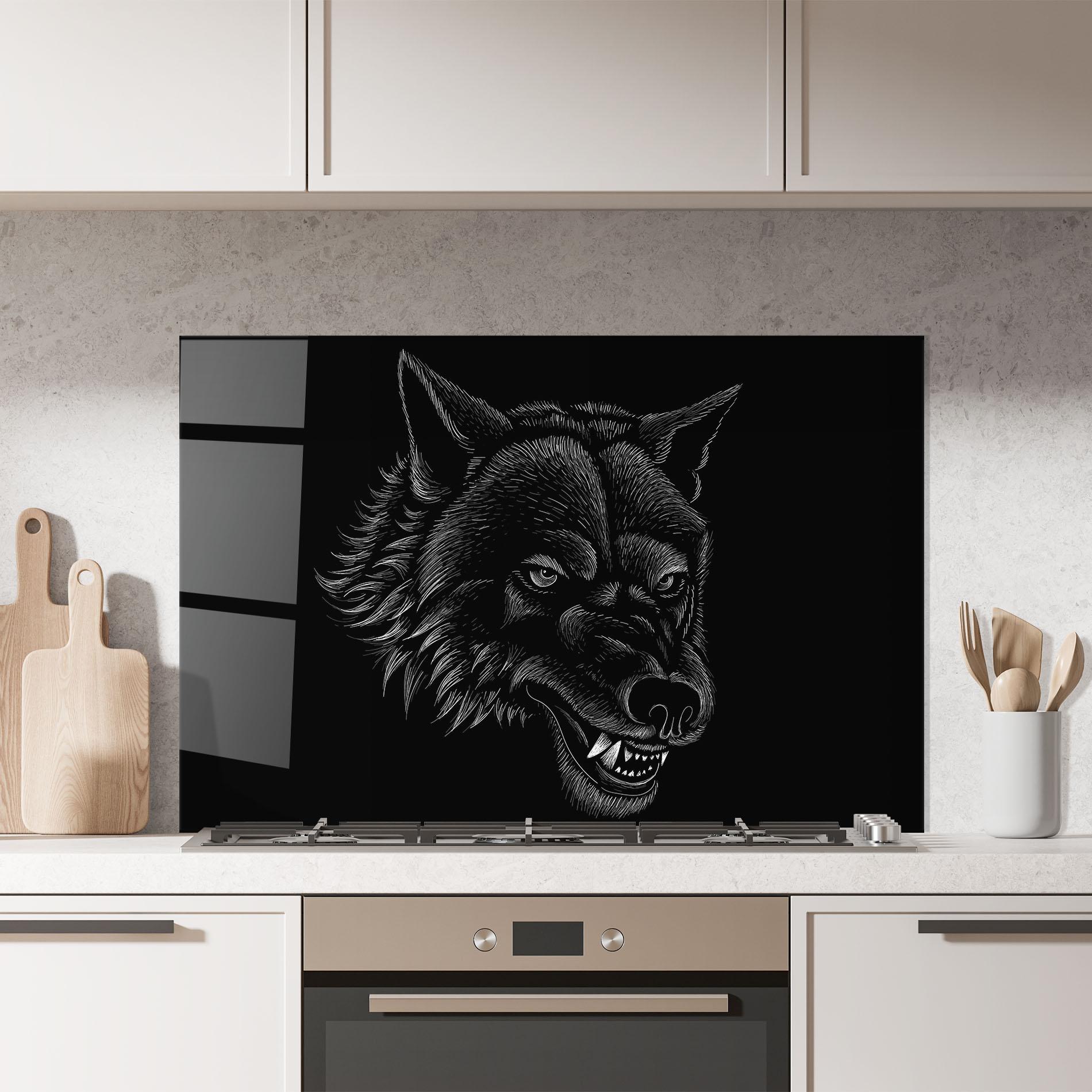 Küchenrückwand Glas Angry Wolf Face mockup 7