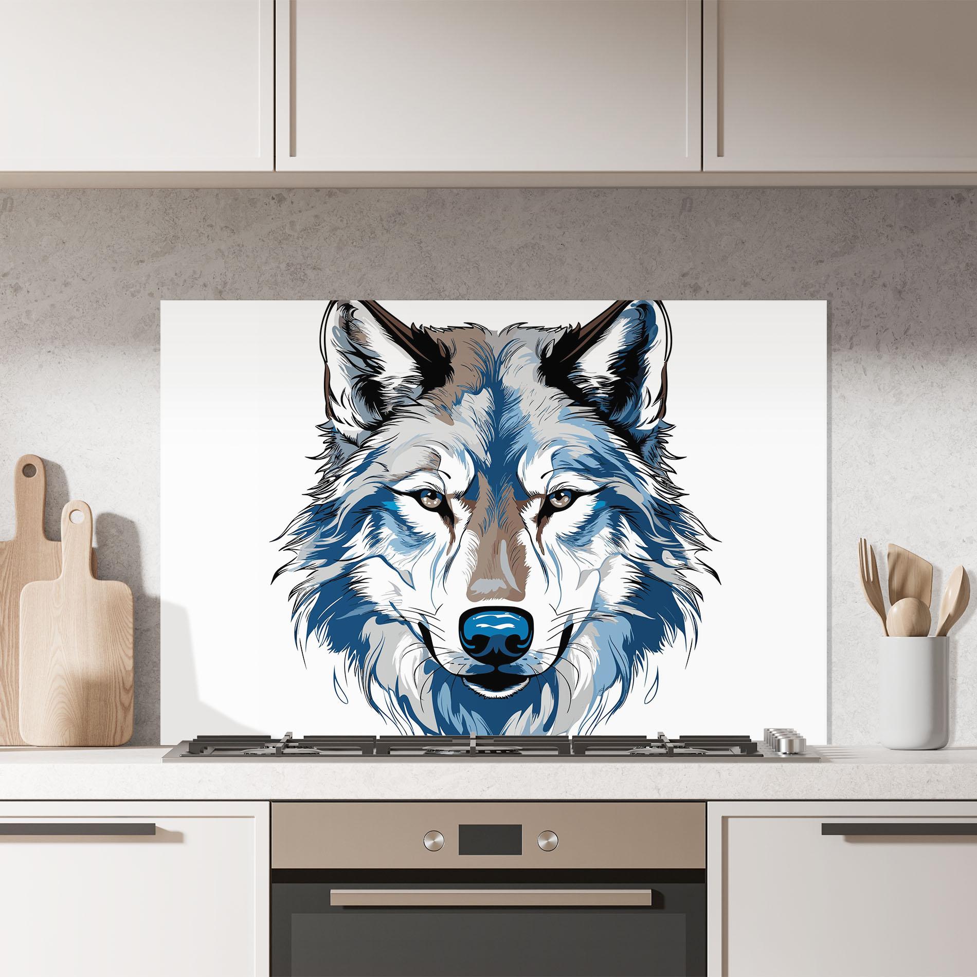 Küchenrückwand Glas Blue Wolf Head mockup 7