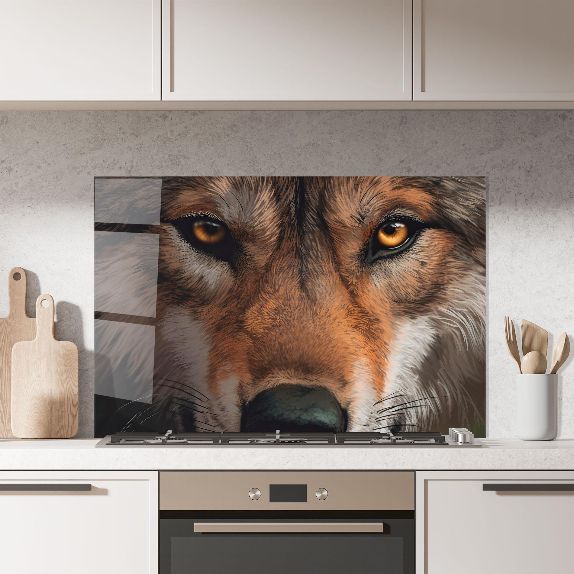 Küchenrückwand Glas Close Up Wolf Eyes mockup 7