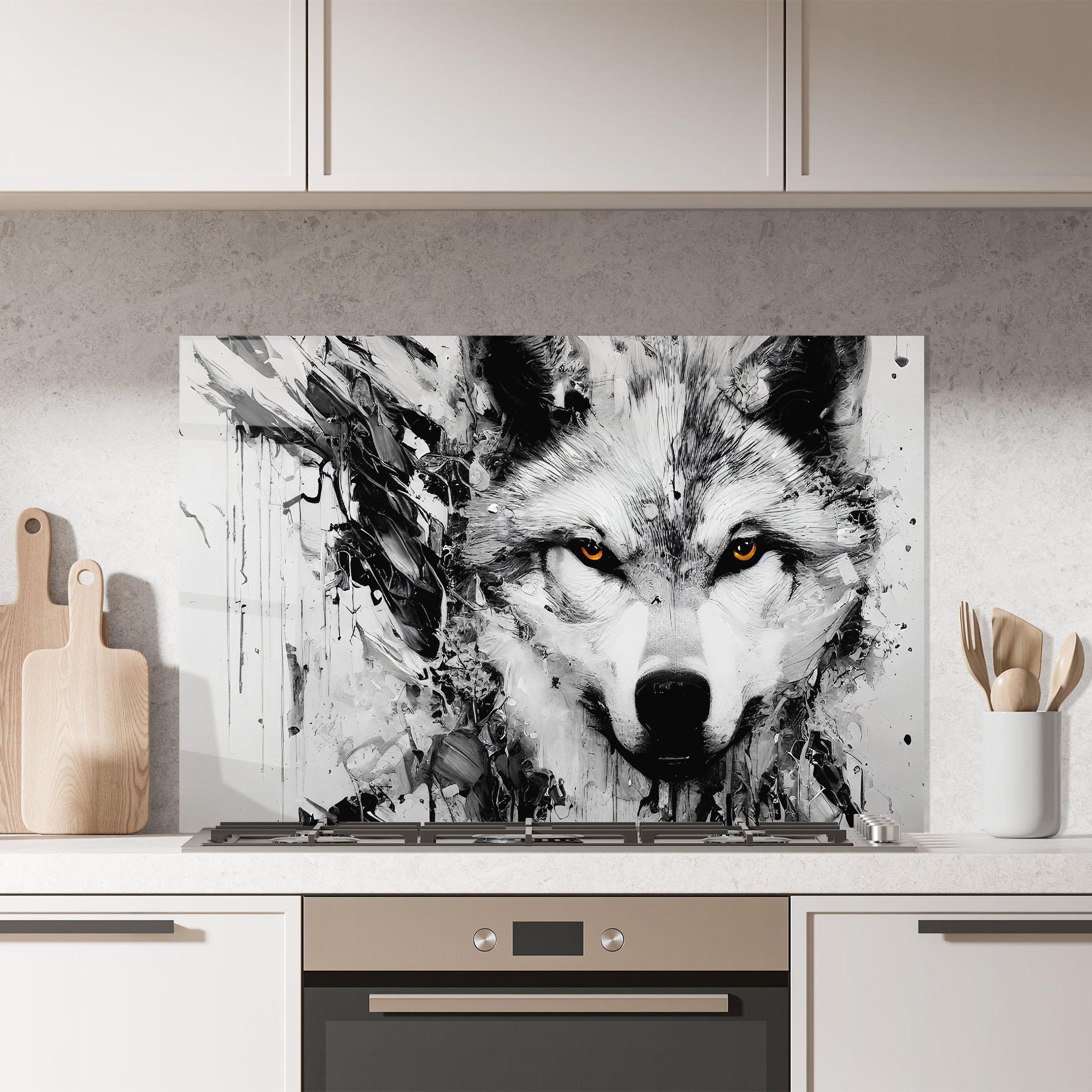 Küchenrückwand Glas Grey Wolf Portrait mockup 7