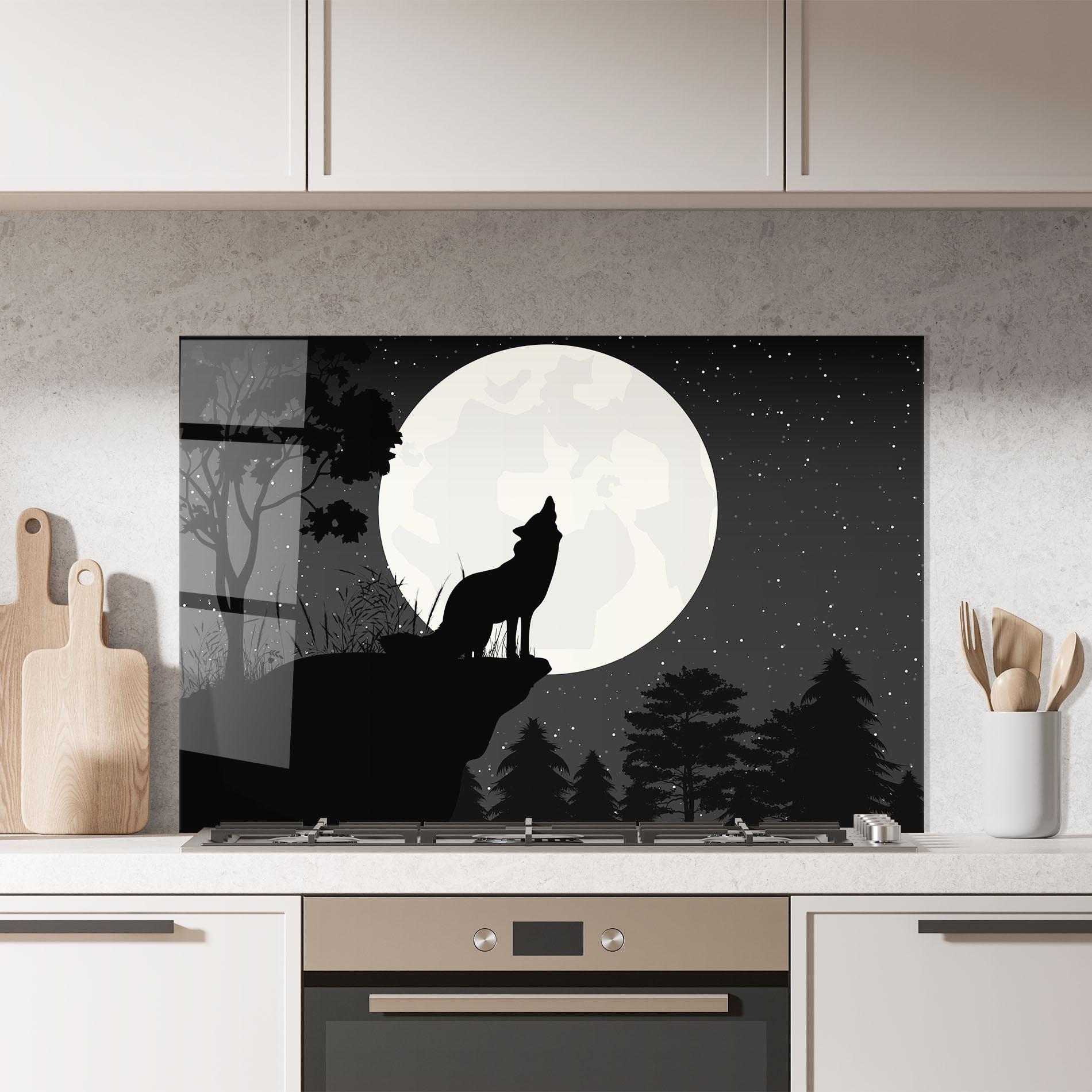 Küchenrückwand Glas Moon Wolf Silhouette mockup 7