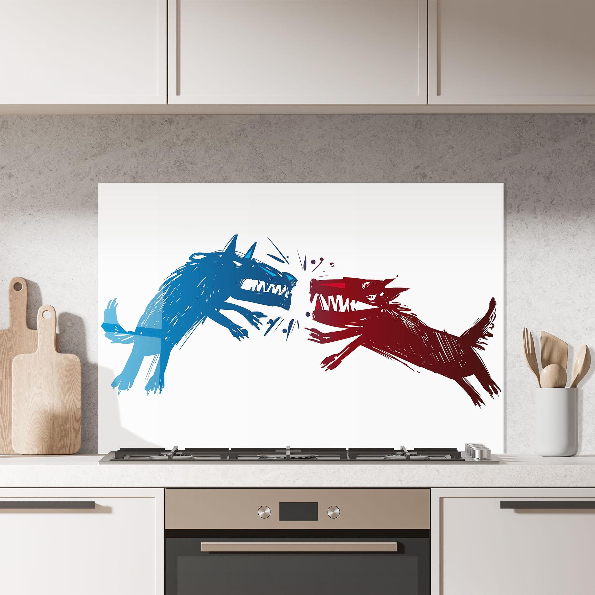 Küchenrückwand Glas Red Blue Wolves mockup 7