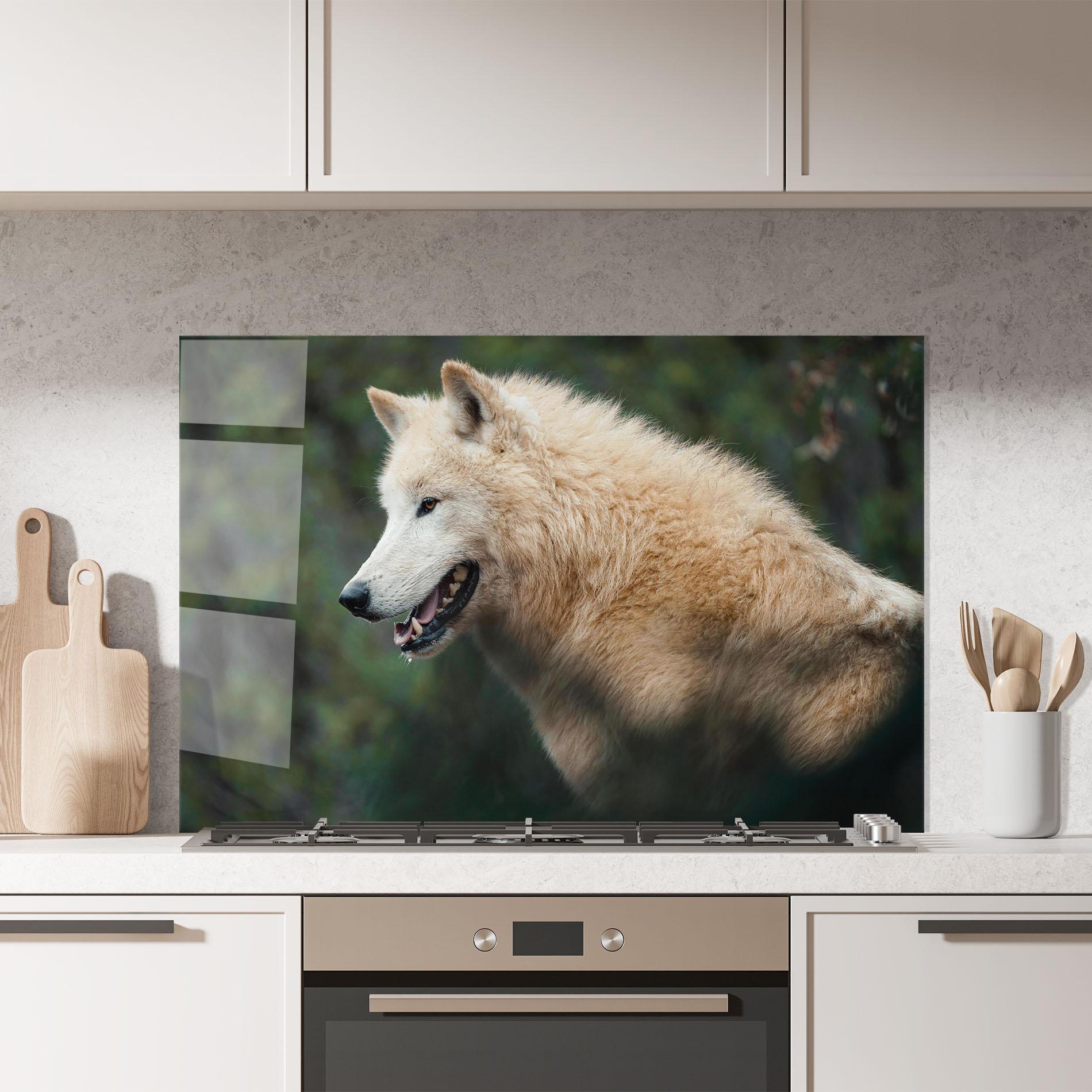 Küchenrückwand Glas White Alpha Wolf mockup 7