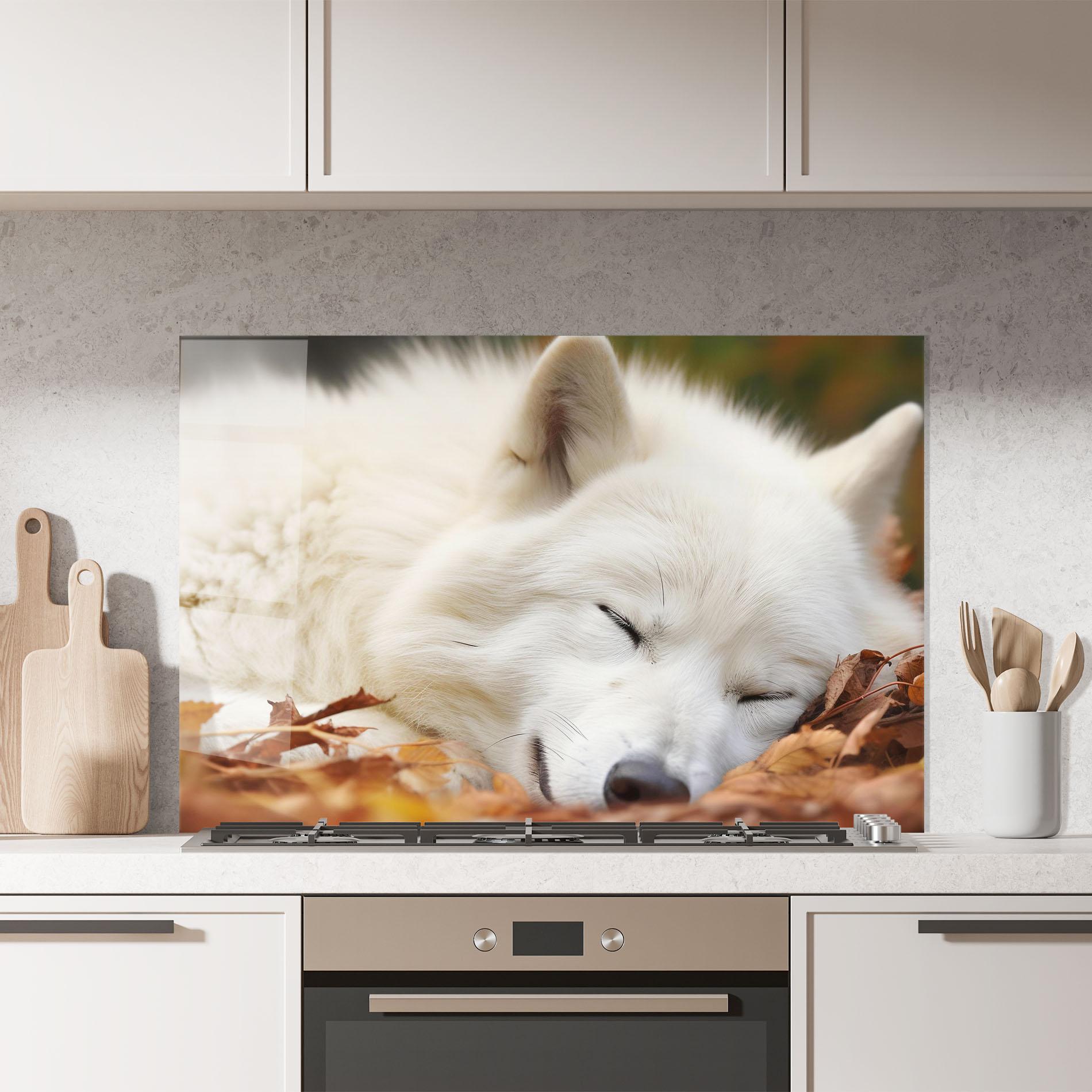 Küchenrückwand Glas White Wolf Sleeping mockup 7