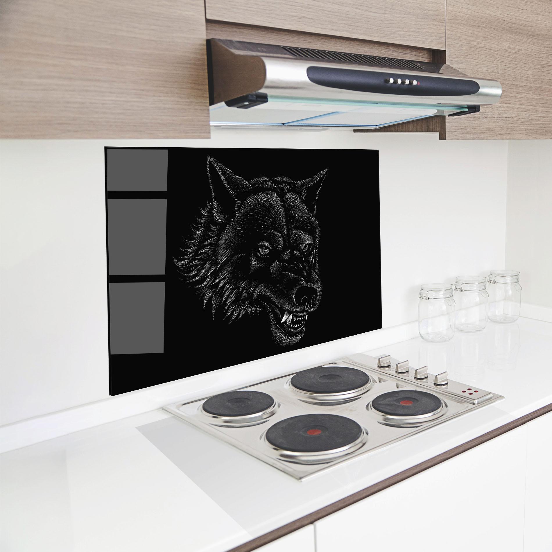 Küchenrückwand Glas Angry Wolf Face mockup 8