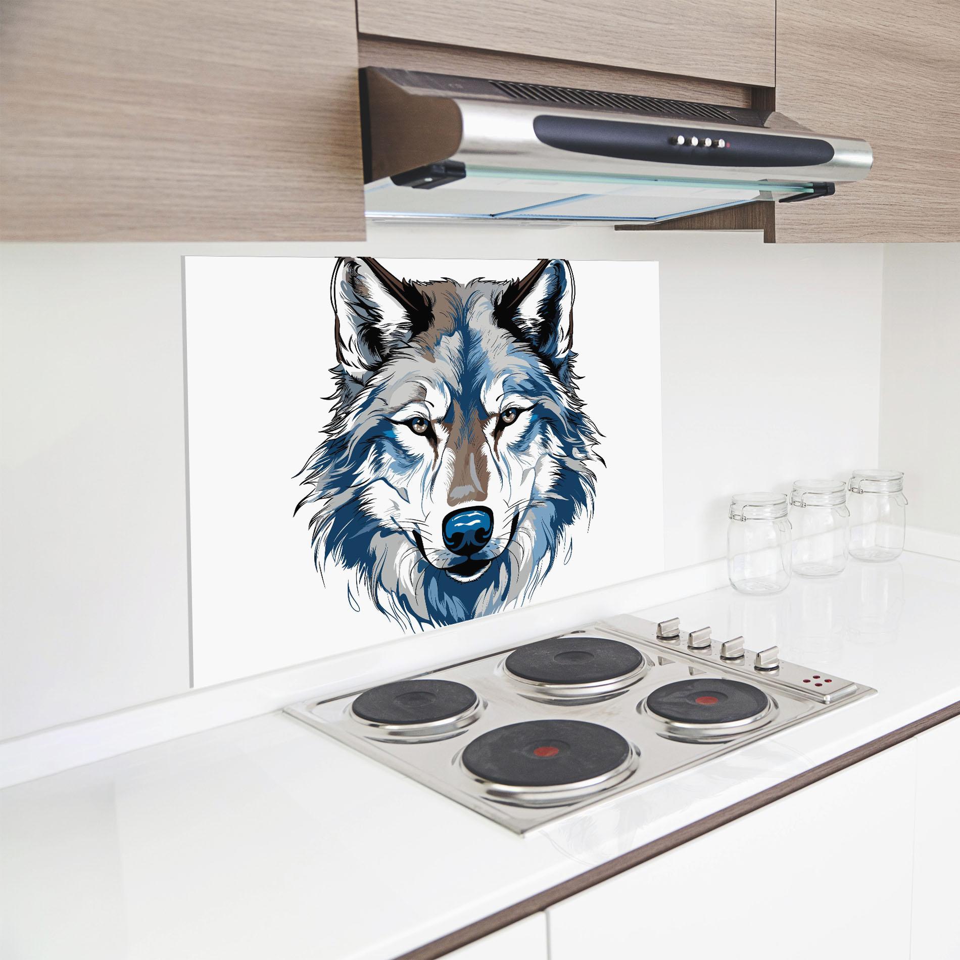 Küchenrückwand Glas Blue Wolf Head mockup 8