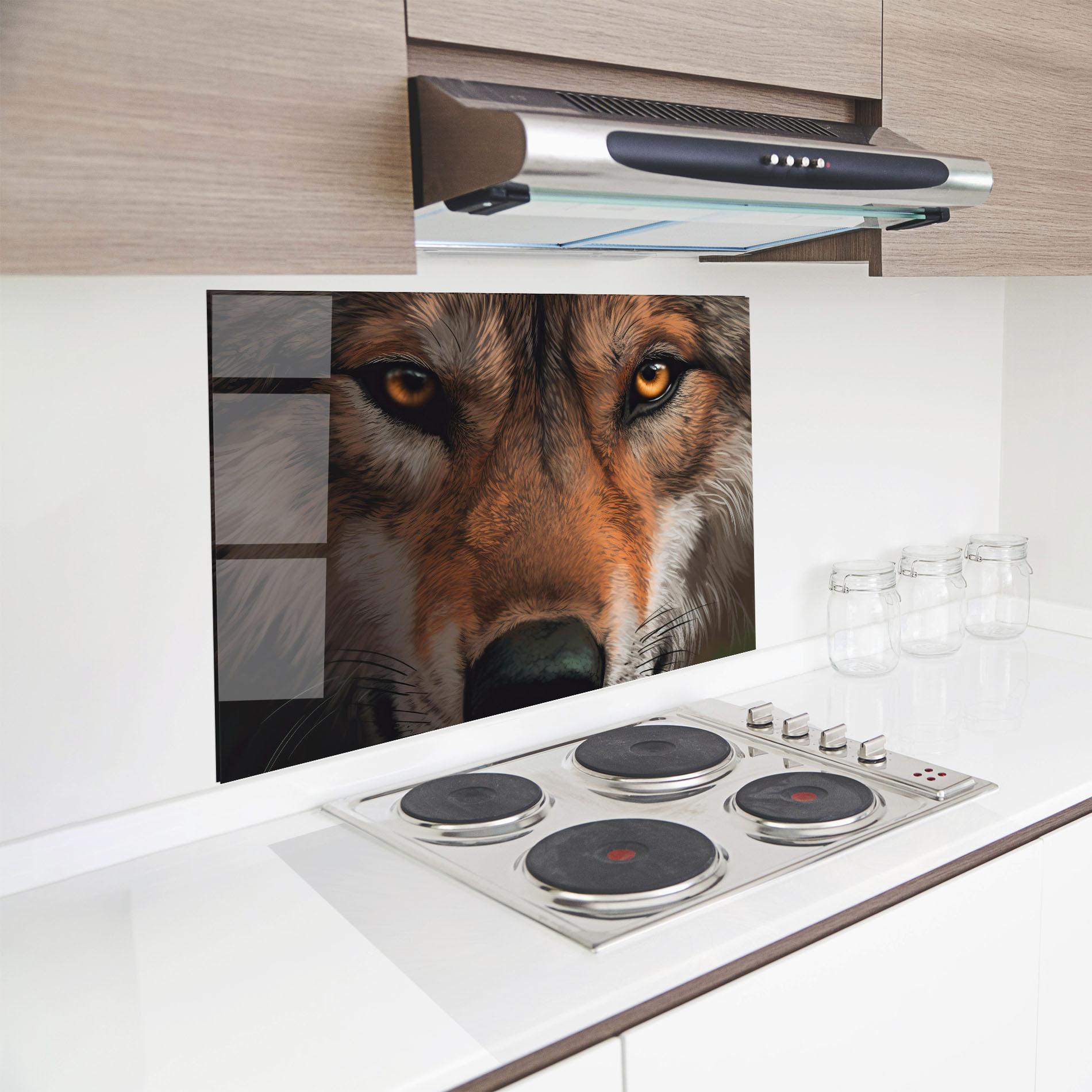 Küchenrückwand Glas Close Up Wolf Eyes mockup 8