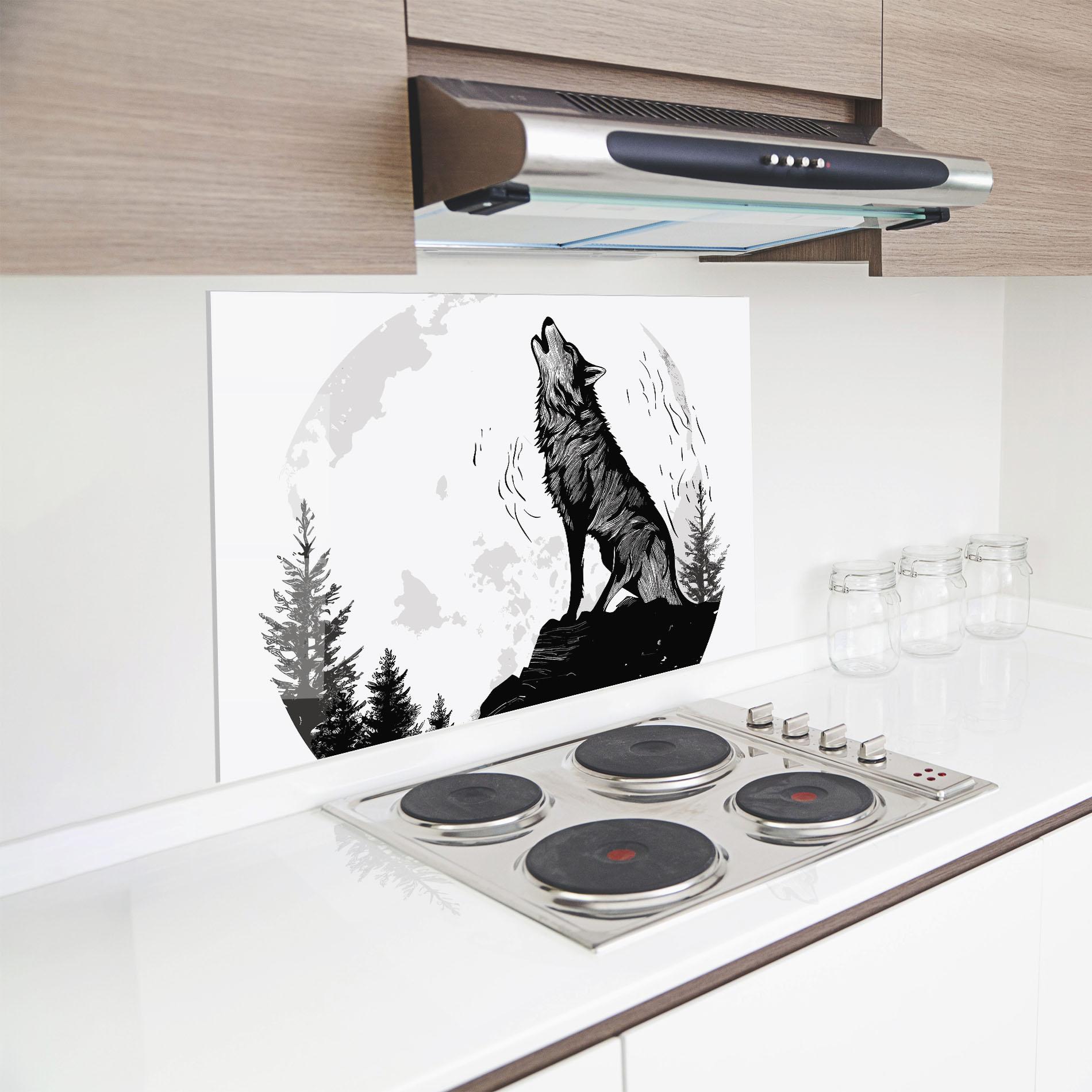 Küchenrückwand Glas Grey Moon Wolf mockup 8