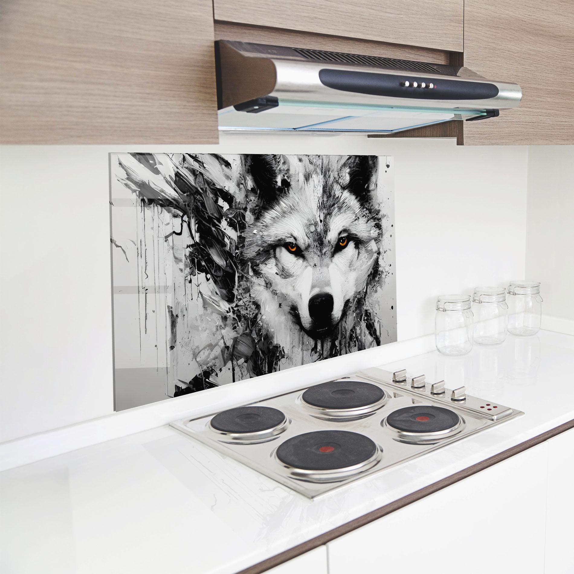 Küchenrückwand Glas Grey Wolf Portrait mockup 8