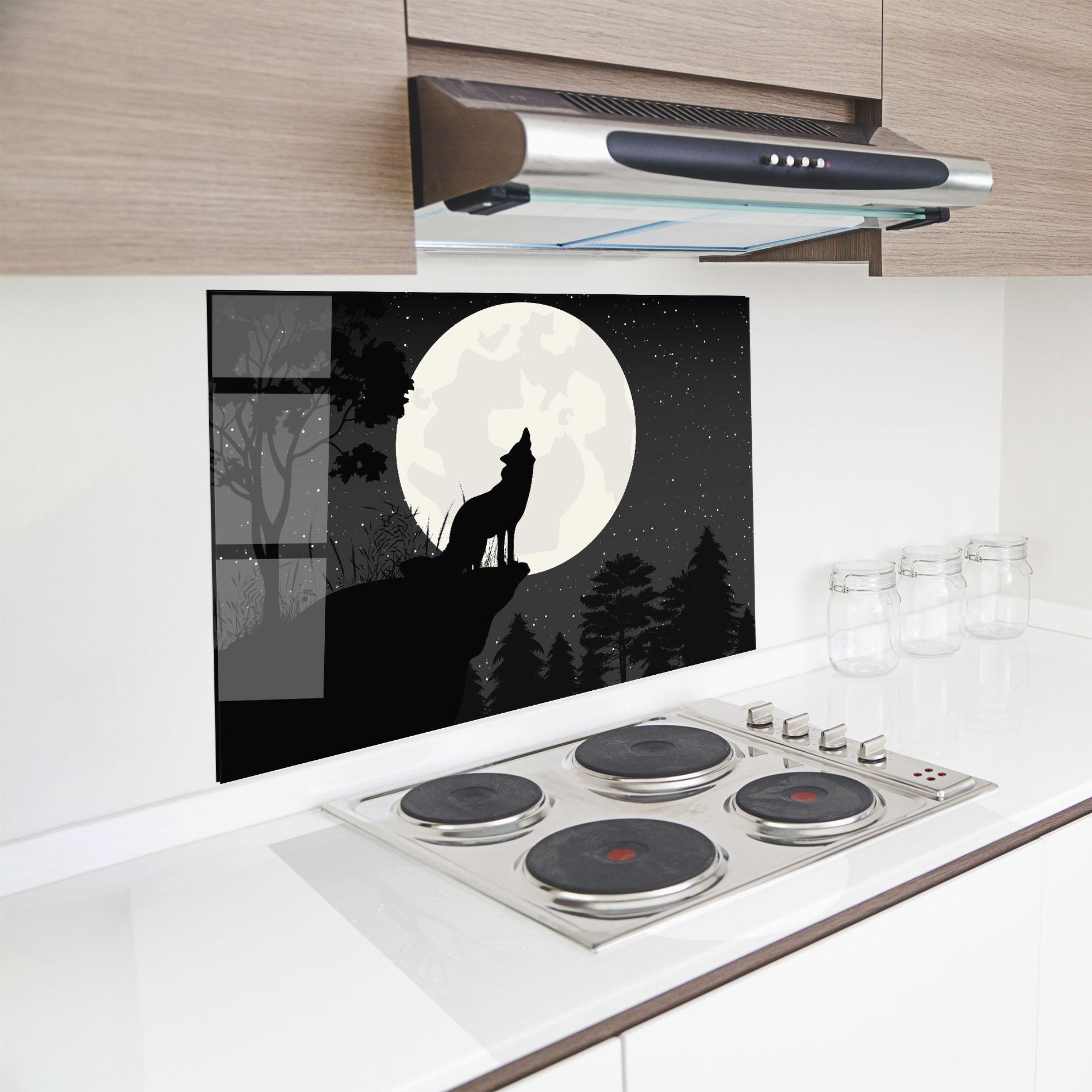 Küchenrückwand Glas Moon Wolf Silhouette mockup 8