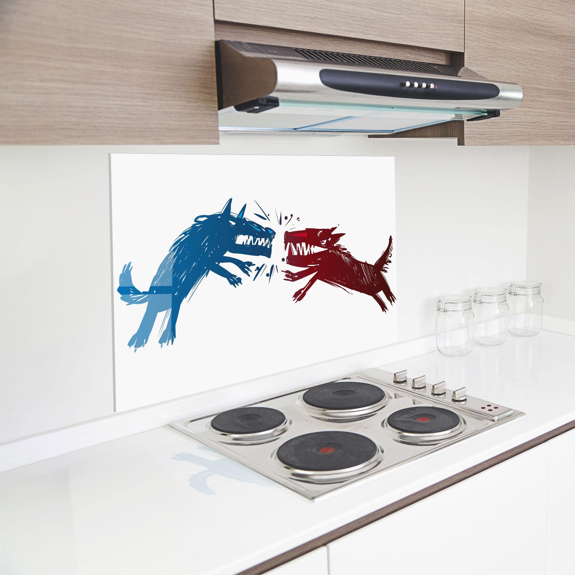 Küchenrückwand Glas Red Blue Wolves mockup 8