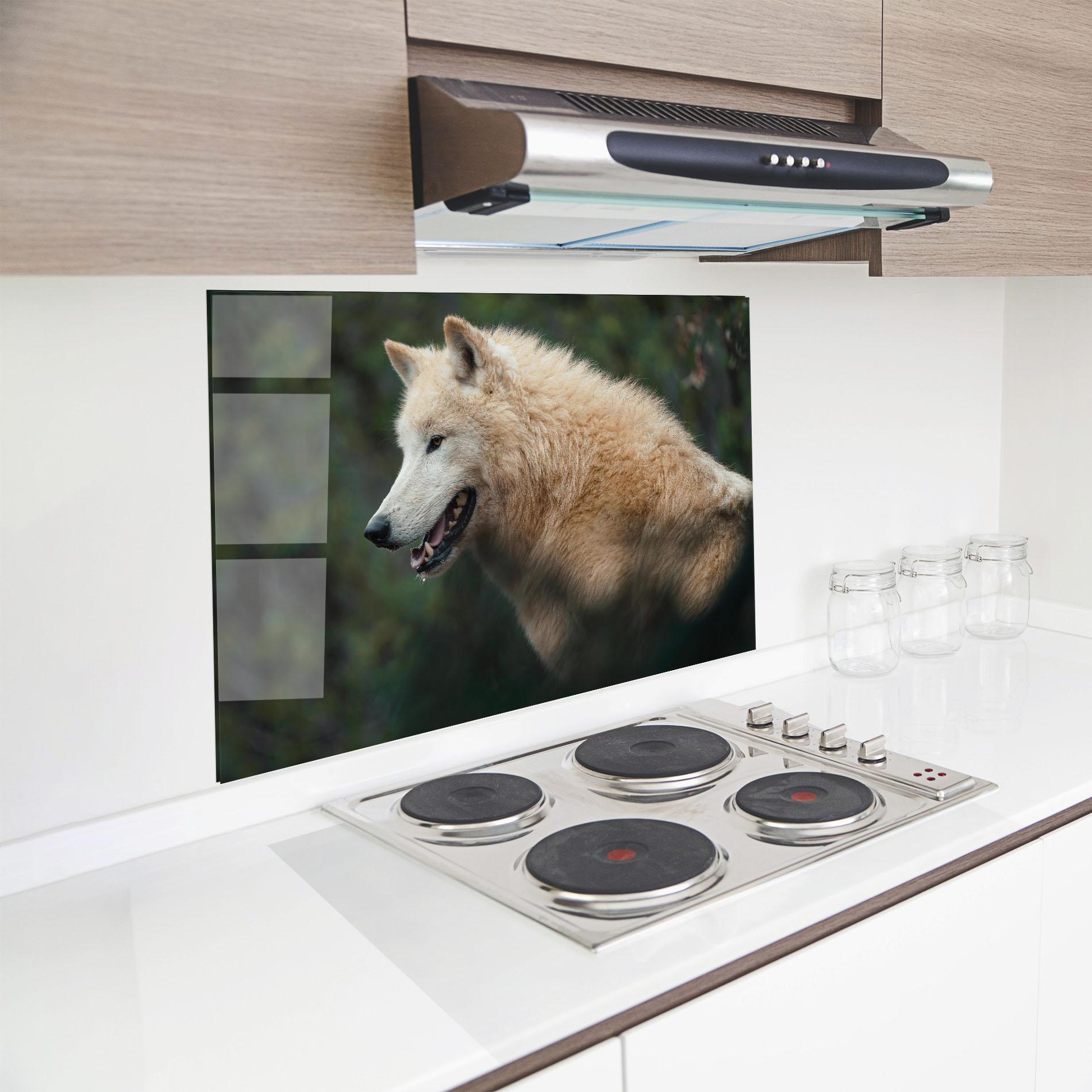 Küchenrückwand Glas White Alpha Wolf mockup 8