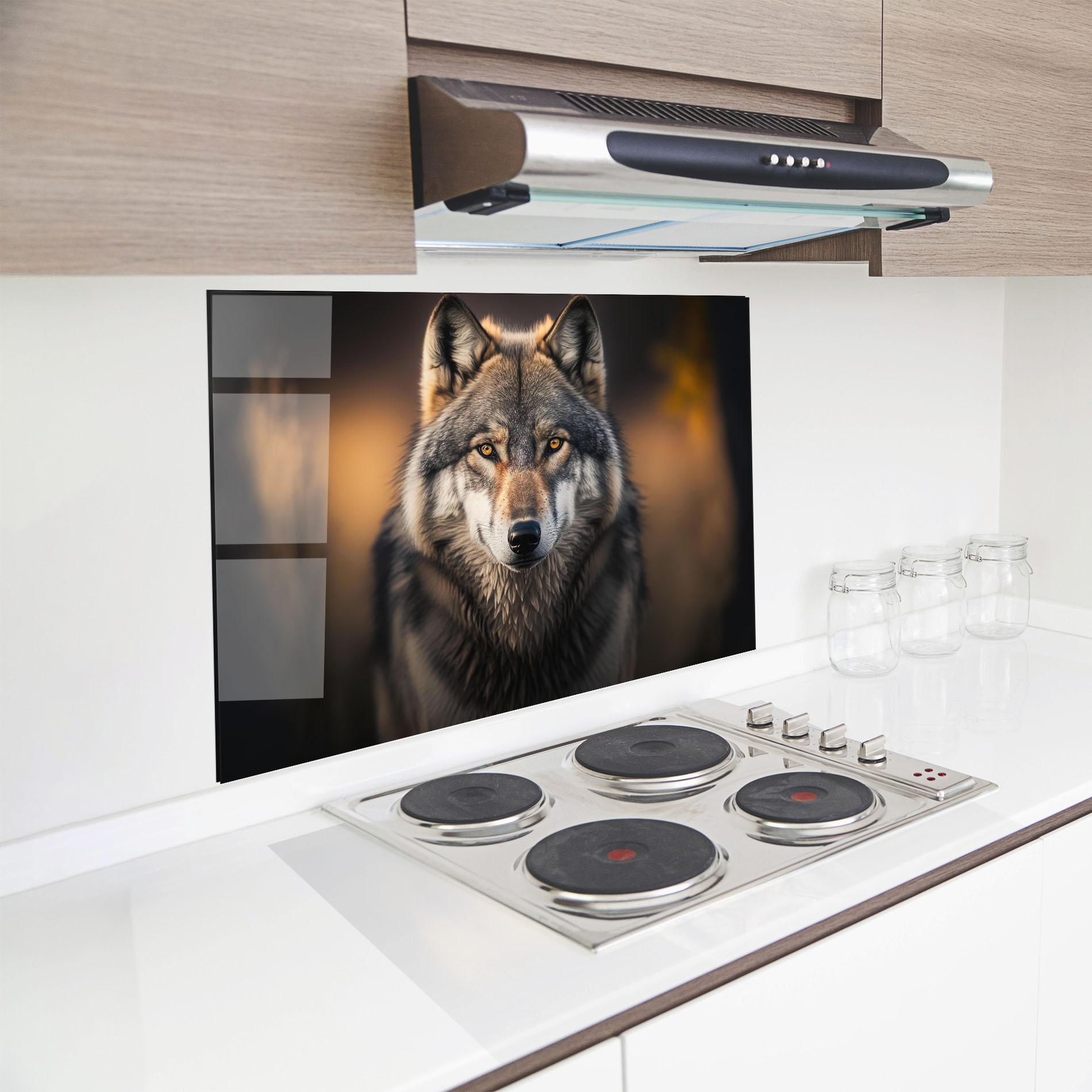 Küchenrückwand Glas Wild Gray Wolf mockup 8