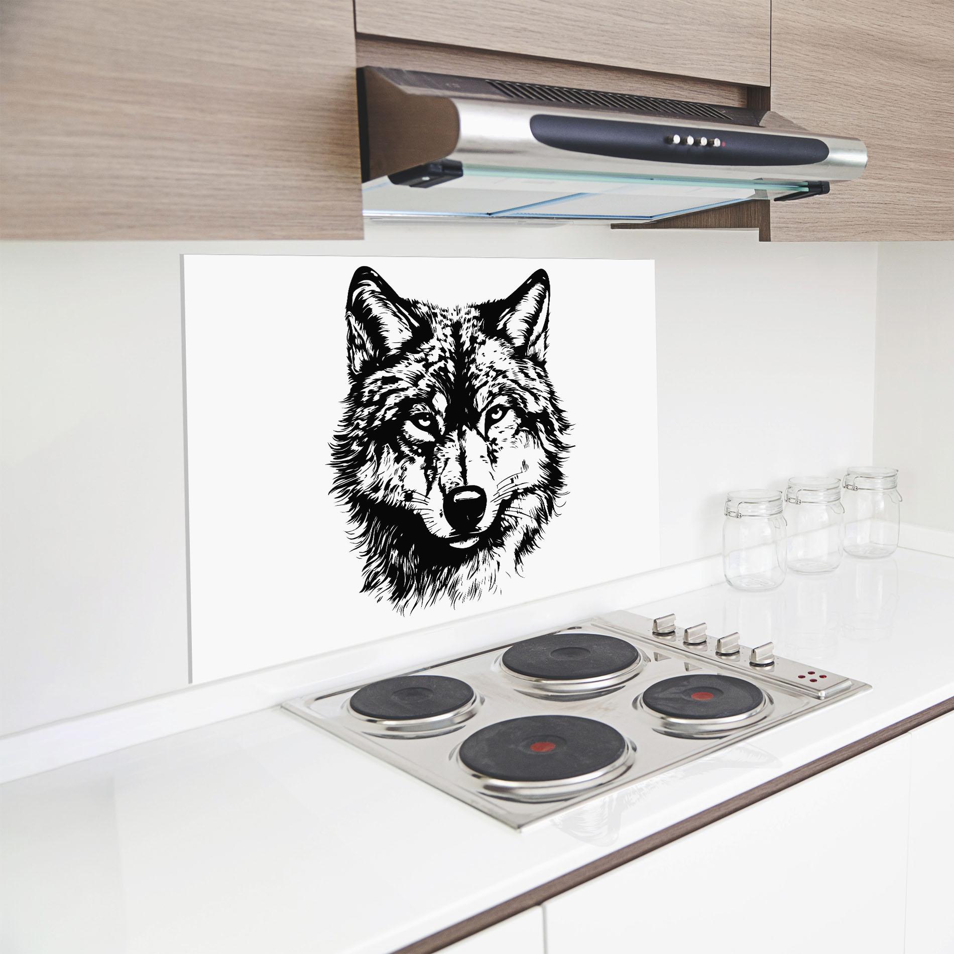 Küchenrückwand Glas Wolf Head Shilouette mockup 8