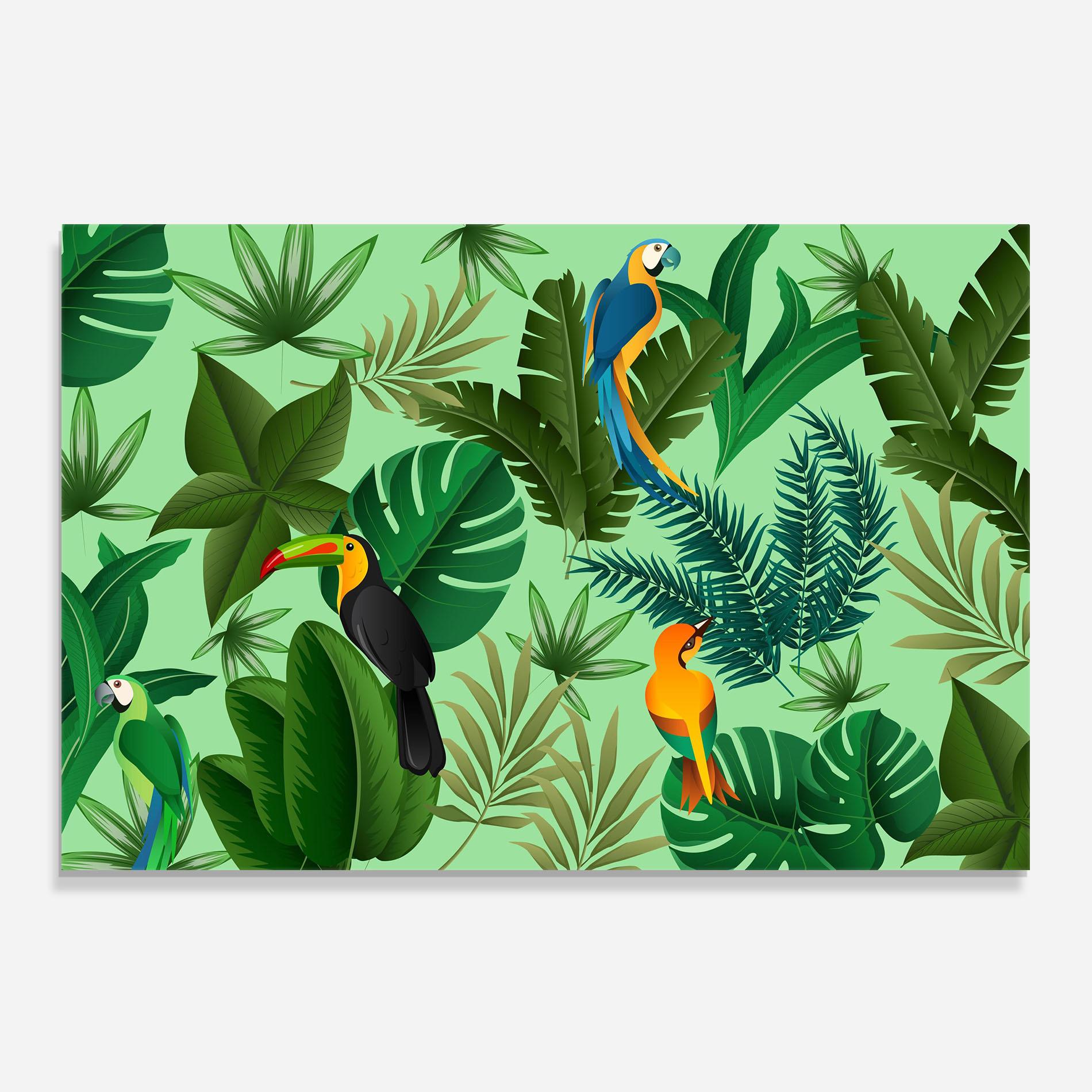 Küchenrückwand Glas Green Jungle Birds mockup 0