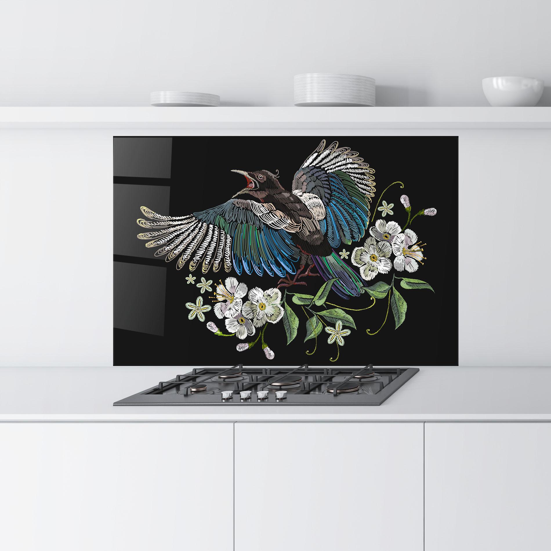 Küchenrückwand Glas Embroidery Bird mockup 9