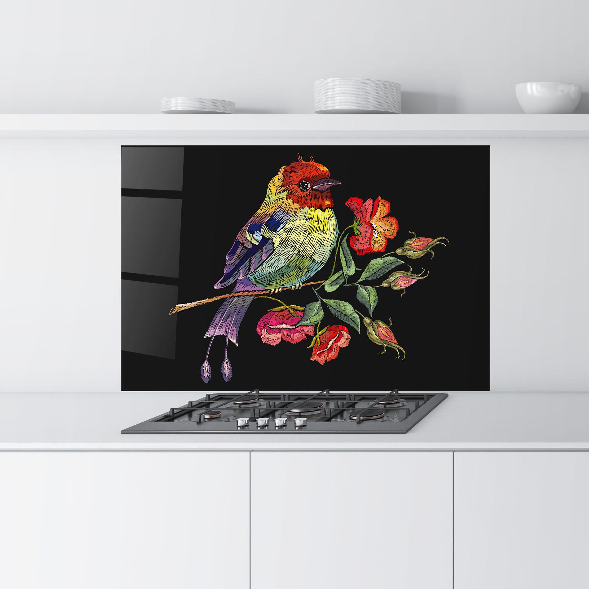 Küchenrückwand Glas Embroidery Pretty Bird mockup 9