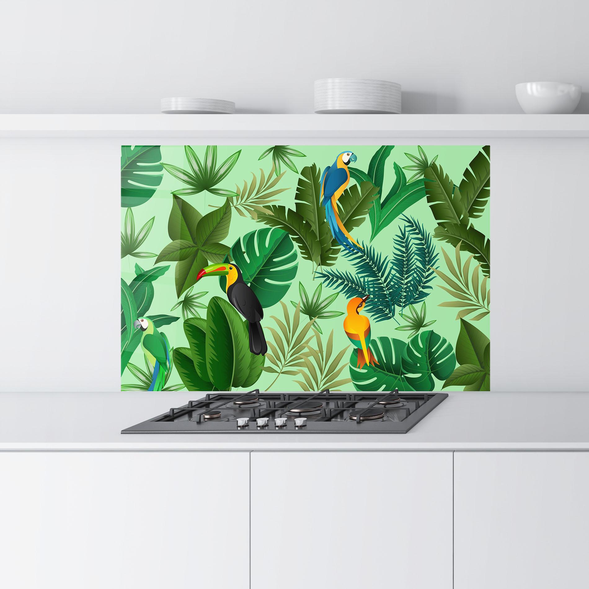 Küchenrückwand Glas Green Jungle Birds mockup 9