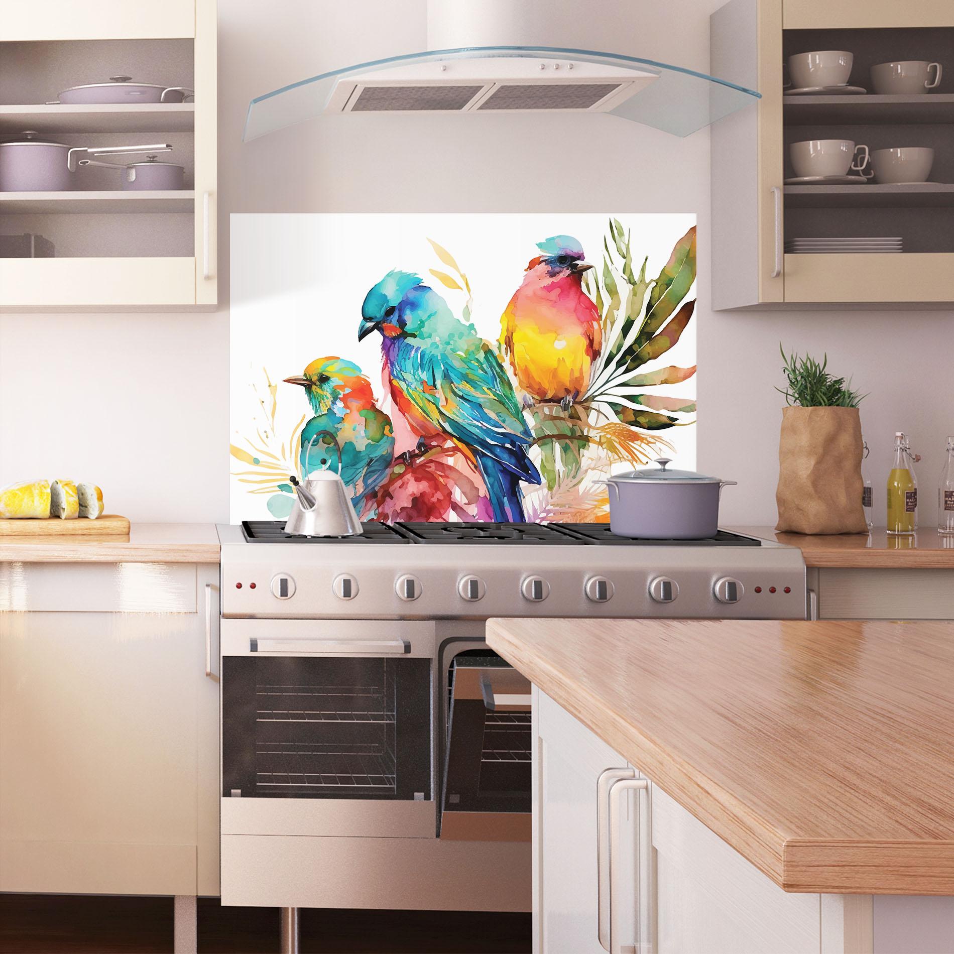 Küchenrückwand Glas Colorful Birds mockup 1