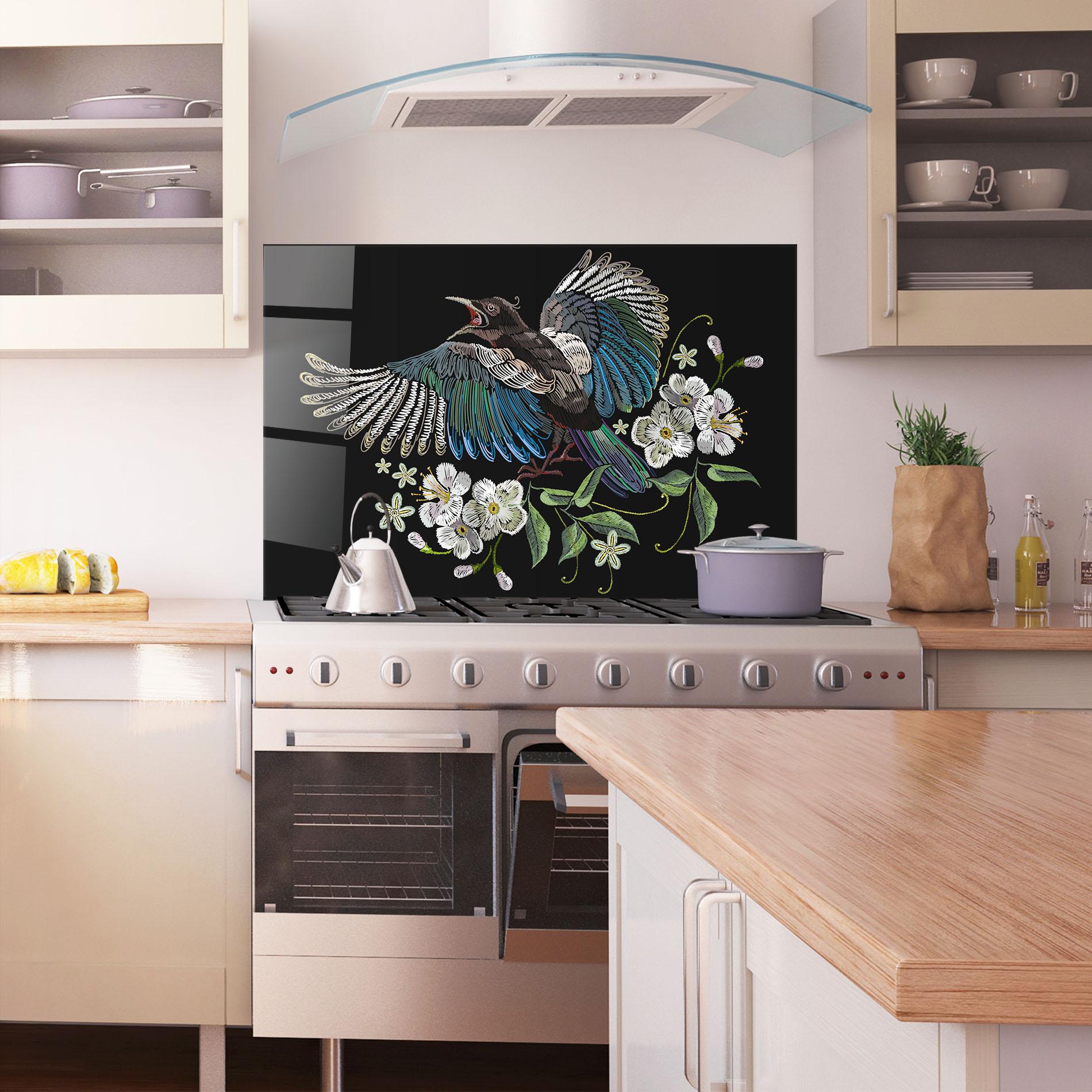 Küchenrückwand Glas Embroidery Bird mockup 1
