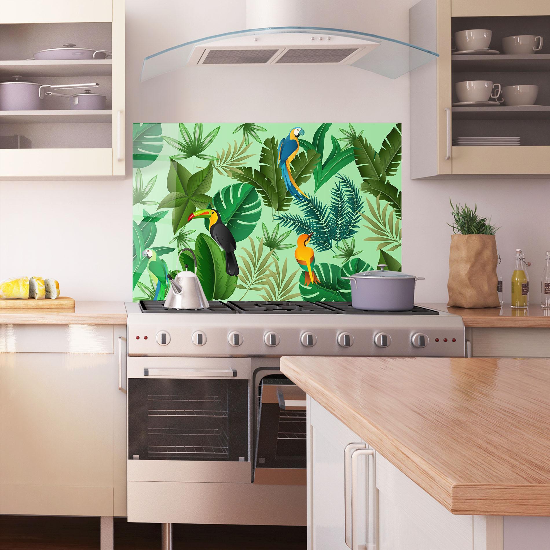 Küchenrückwand Glas Green Jungle Birds mockup 1