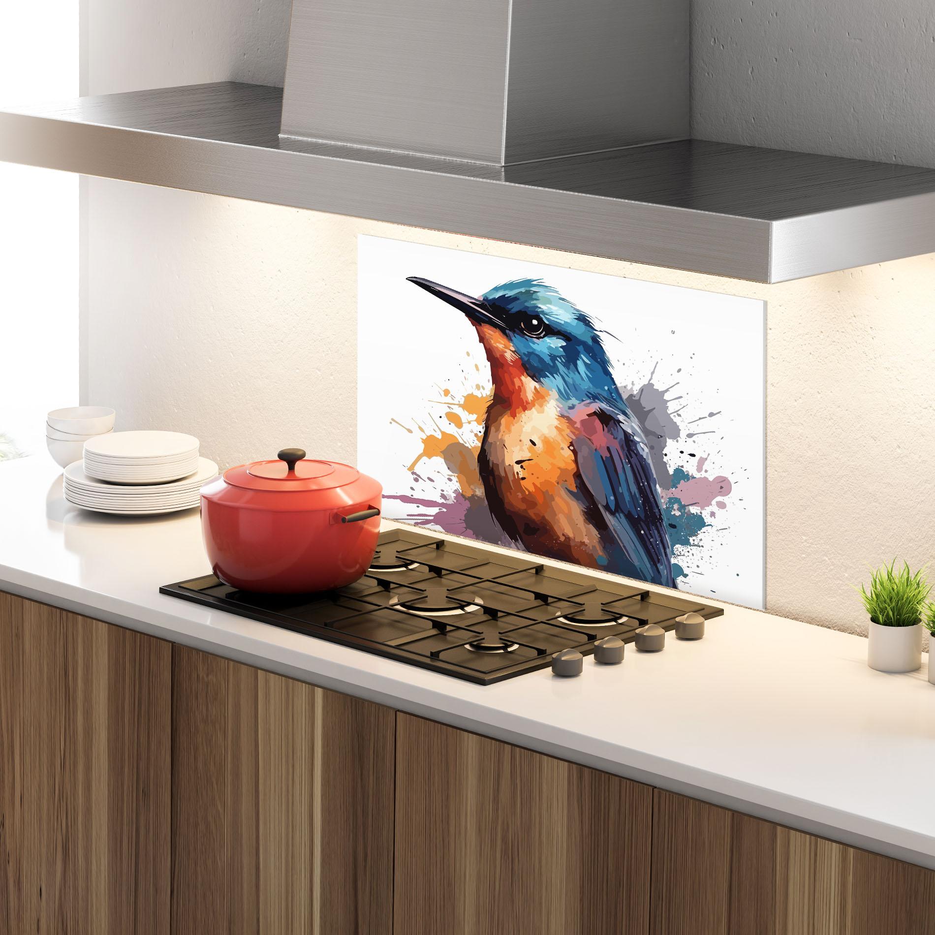 Küchenrückwand Glas Brush Style Bird mockup 4