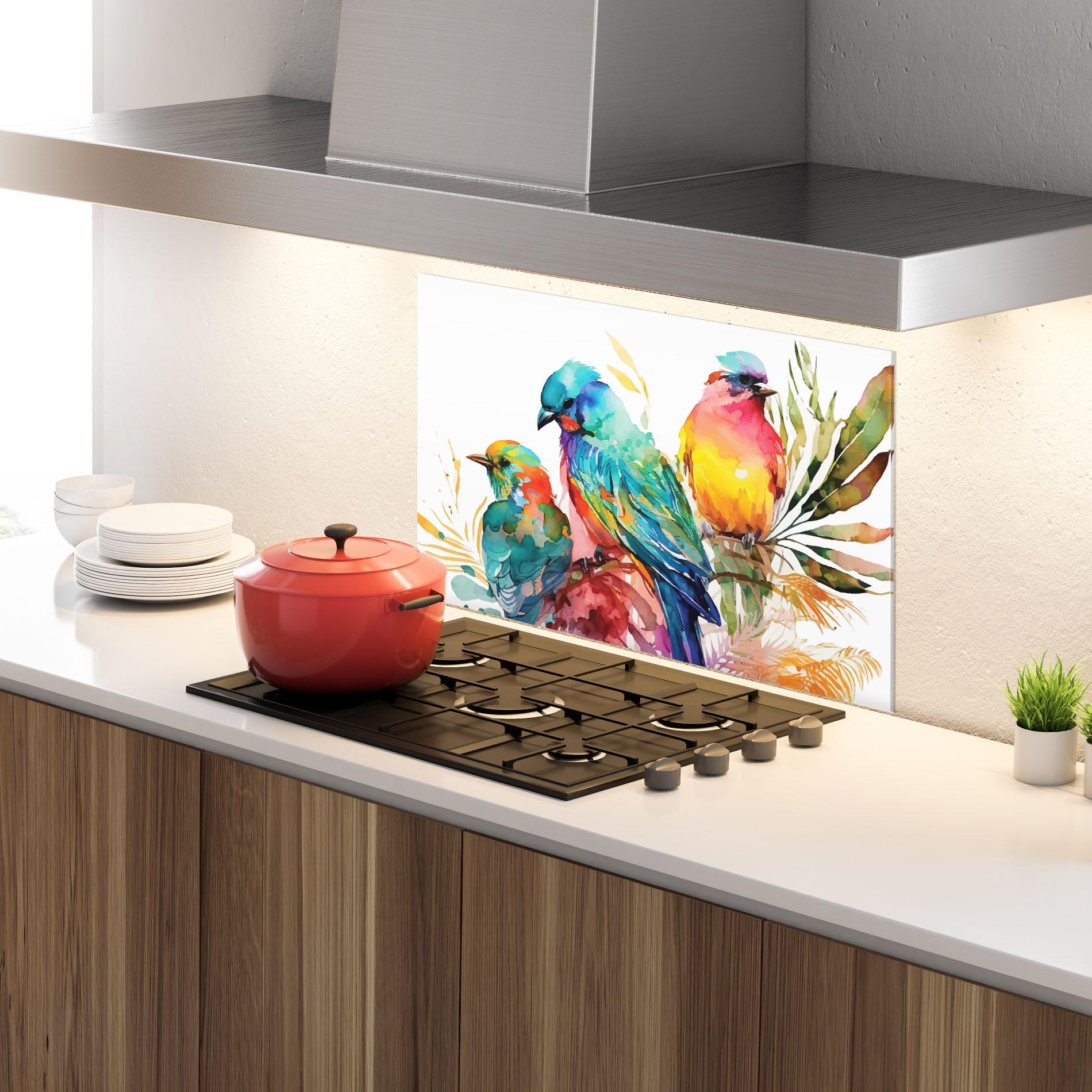 Küchenrückwand Glas Colorful Birds mockup 4