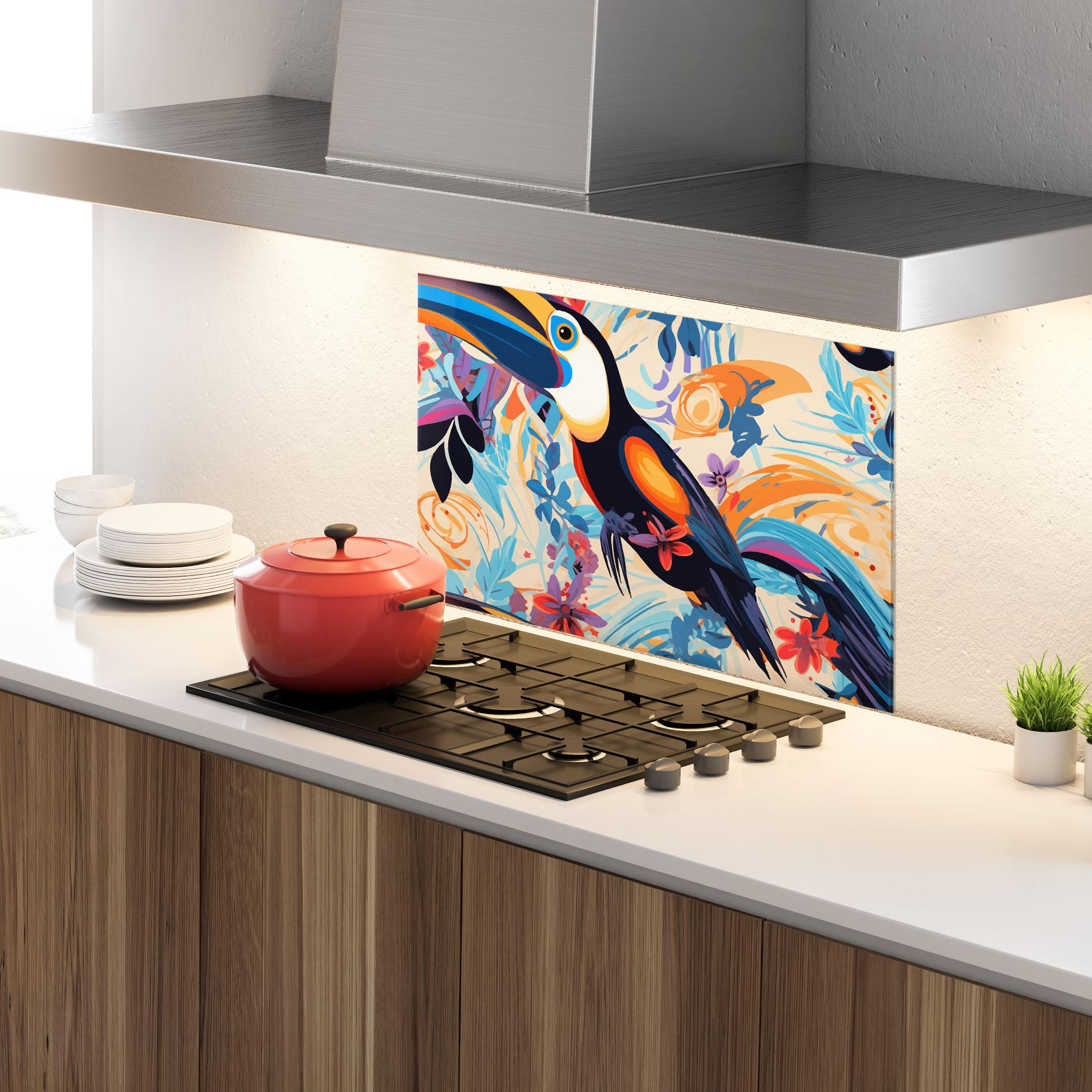 Küchenrückwand Glas Colorful Toucan mockup 4