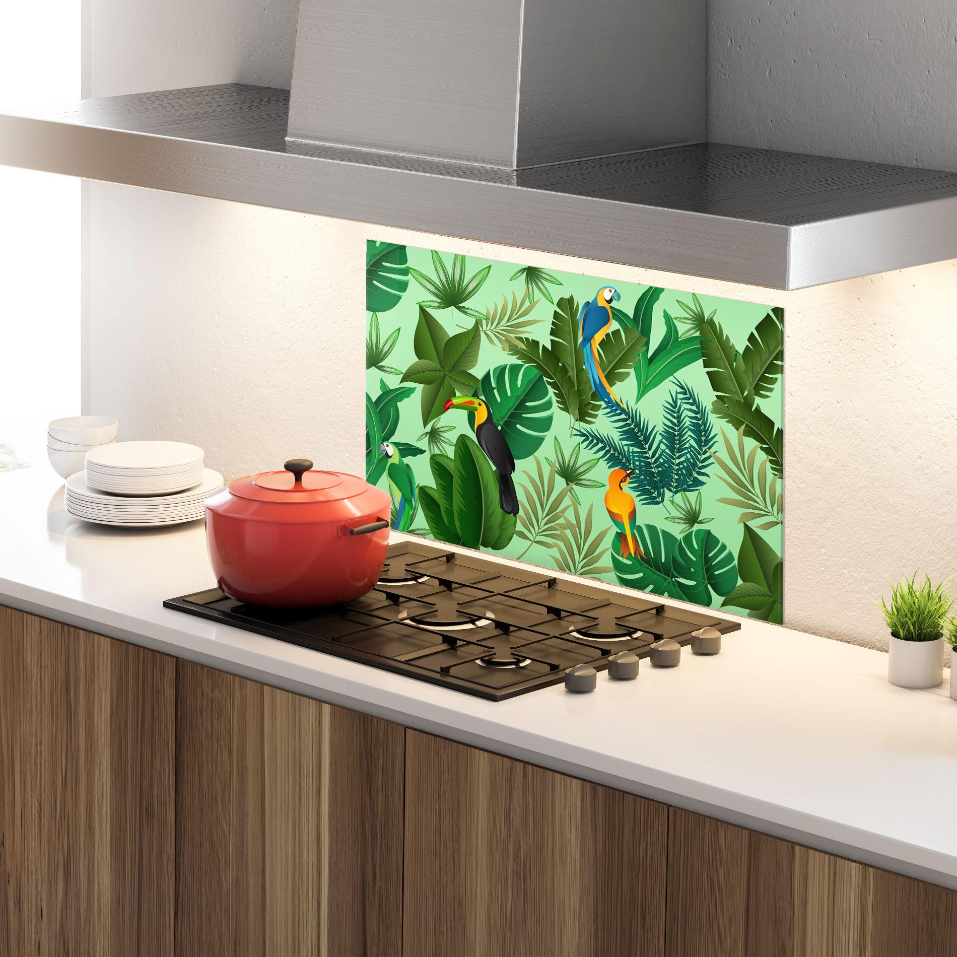 Küchenrückwand Glas Green Jungle Birds mockup 4