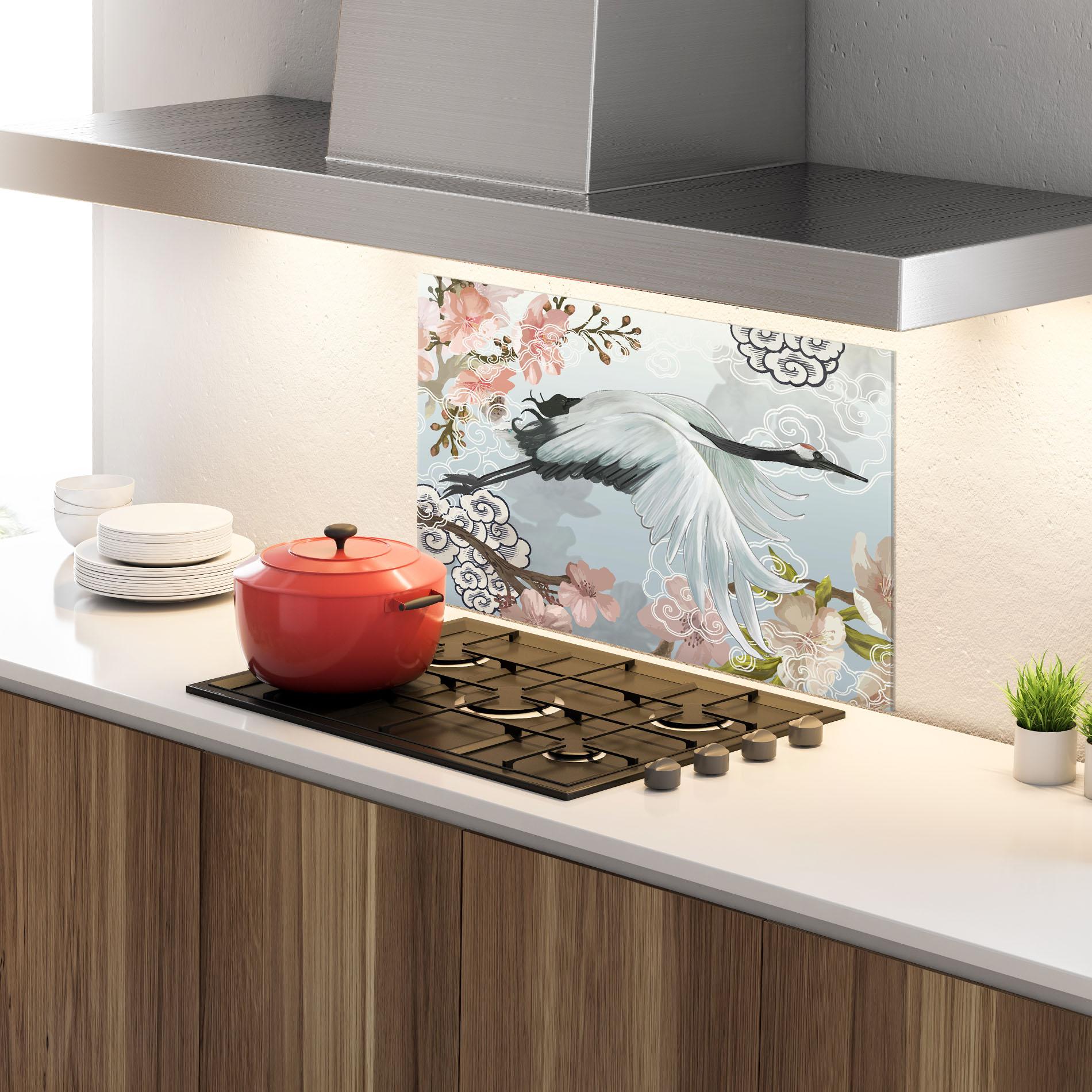Küchenrückwand Glas Japanese Crane mockup 4