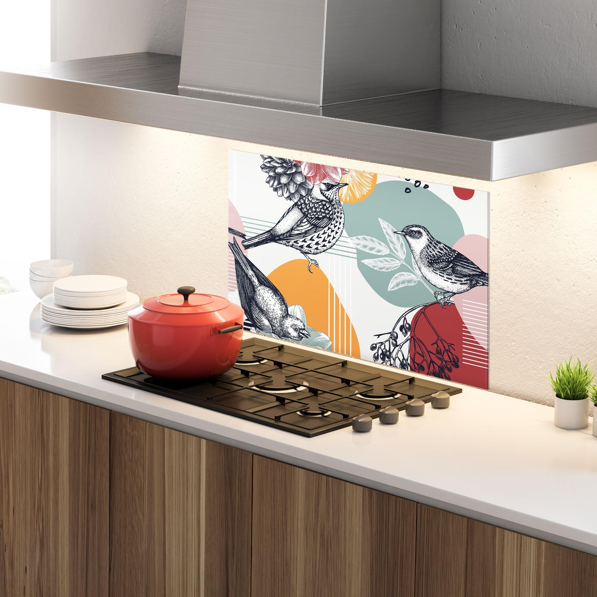 Küchenrückwand Glas Pretty Birds Collge mockup 4