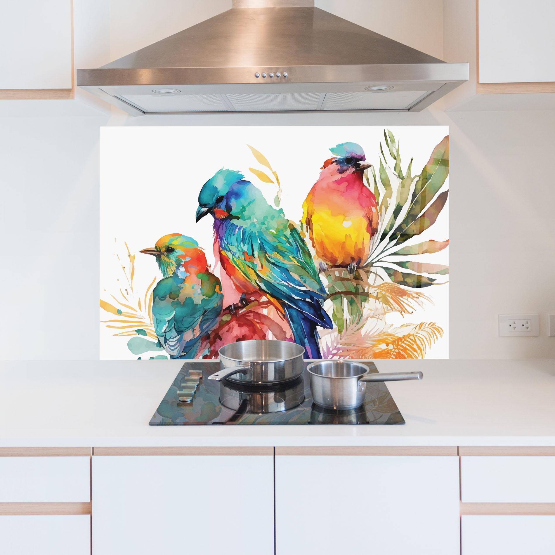 Küchenrückwand Glas Colorful Birds mockup 5