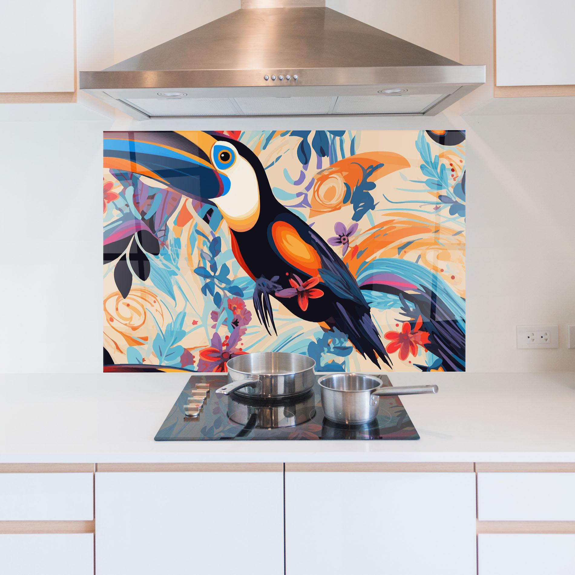 Küchenrückwand Glas Colorful Toucan mockup 5