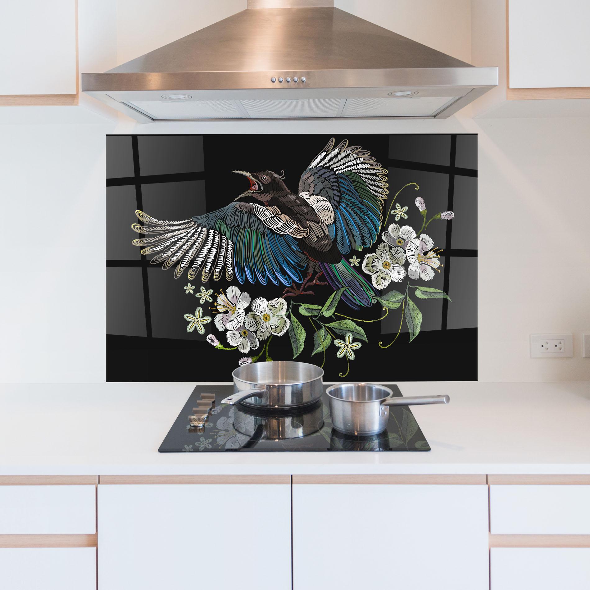 Küchenrückwand Glas Embroidery Bird mockup 5