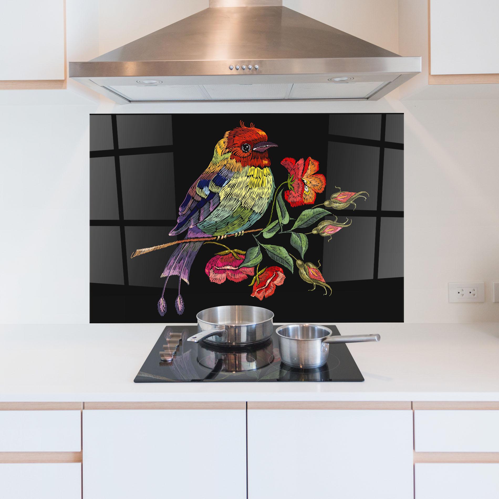 Küchenrückwand Glas Embroidery Pretty Bird mockup 5