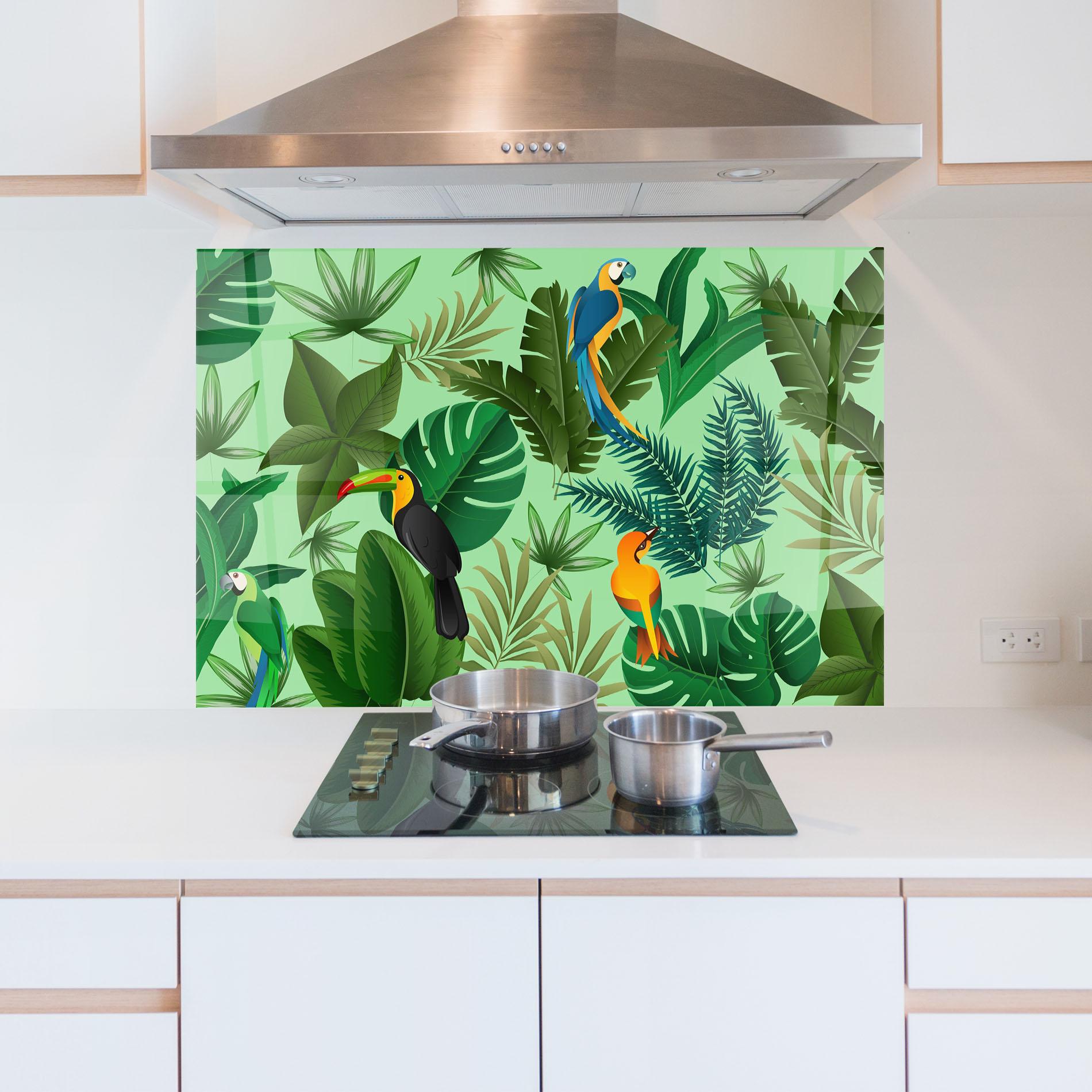 Küchenrückwand Glas Green Jungle Birds mockup 5