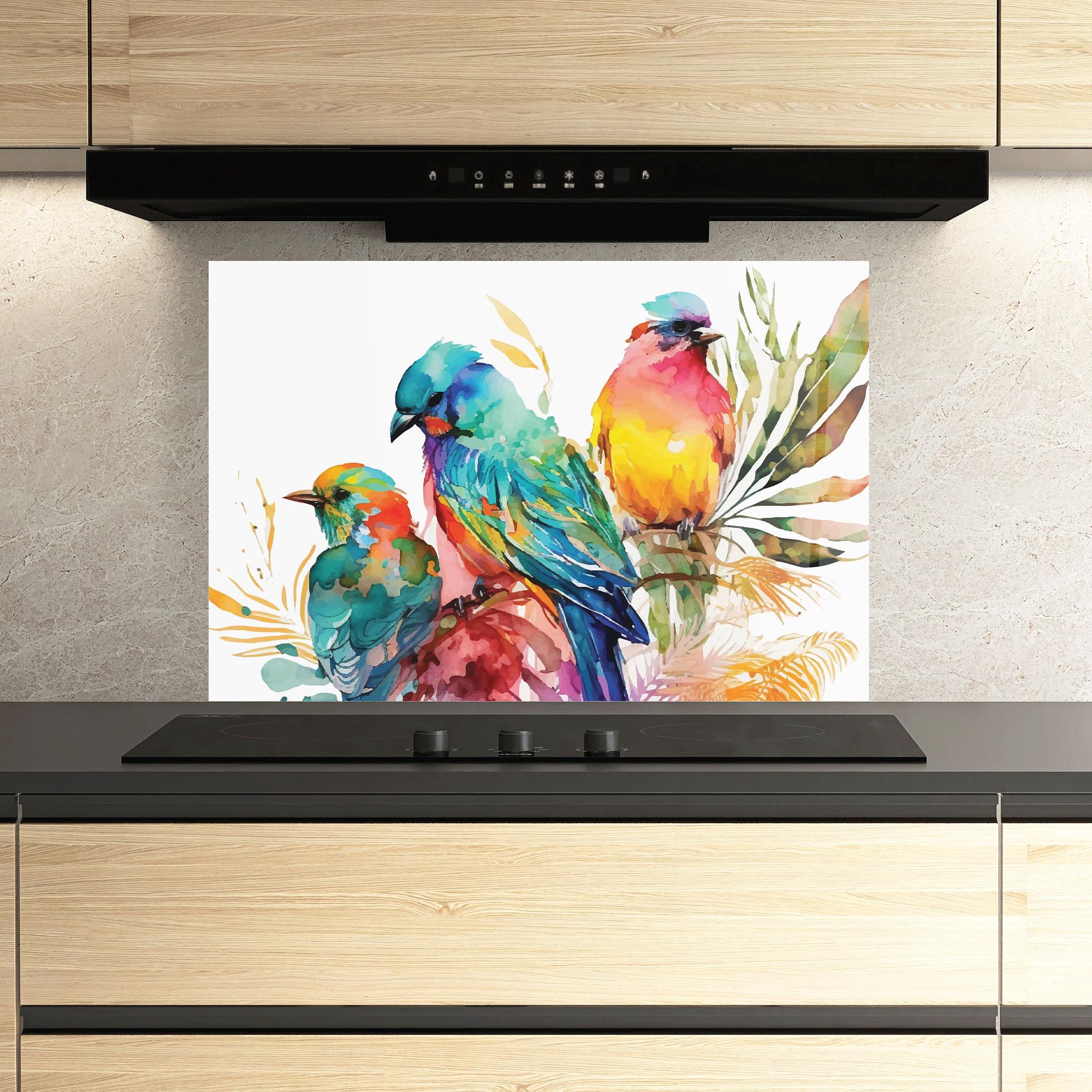 Küchenrückwand Glas Colorful Birds mockup 3