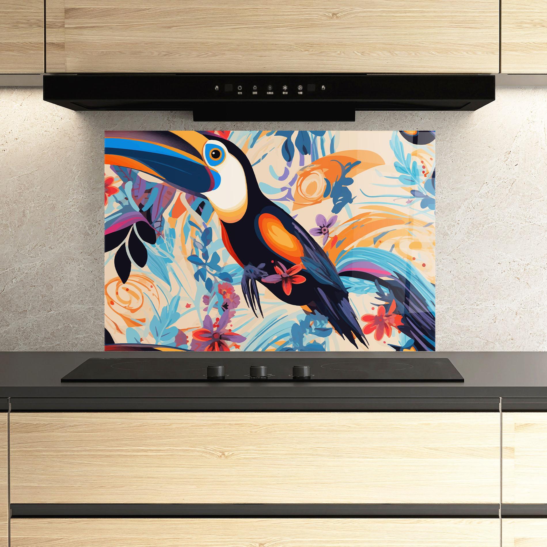 Küchenrückwand Glas Colorful Toucan mockup 3