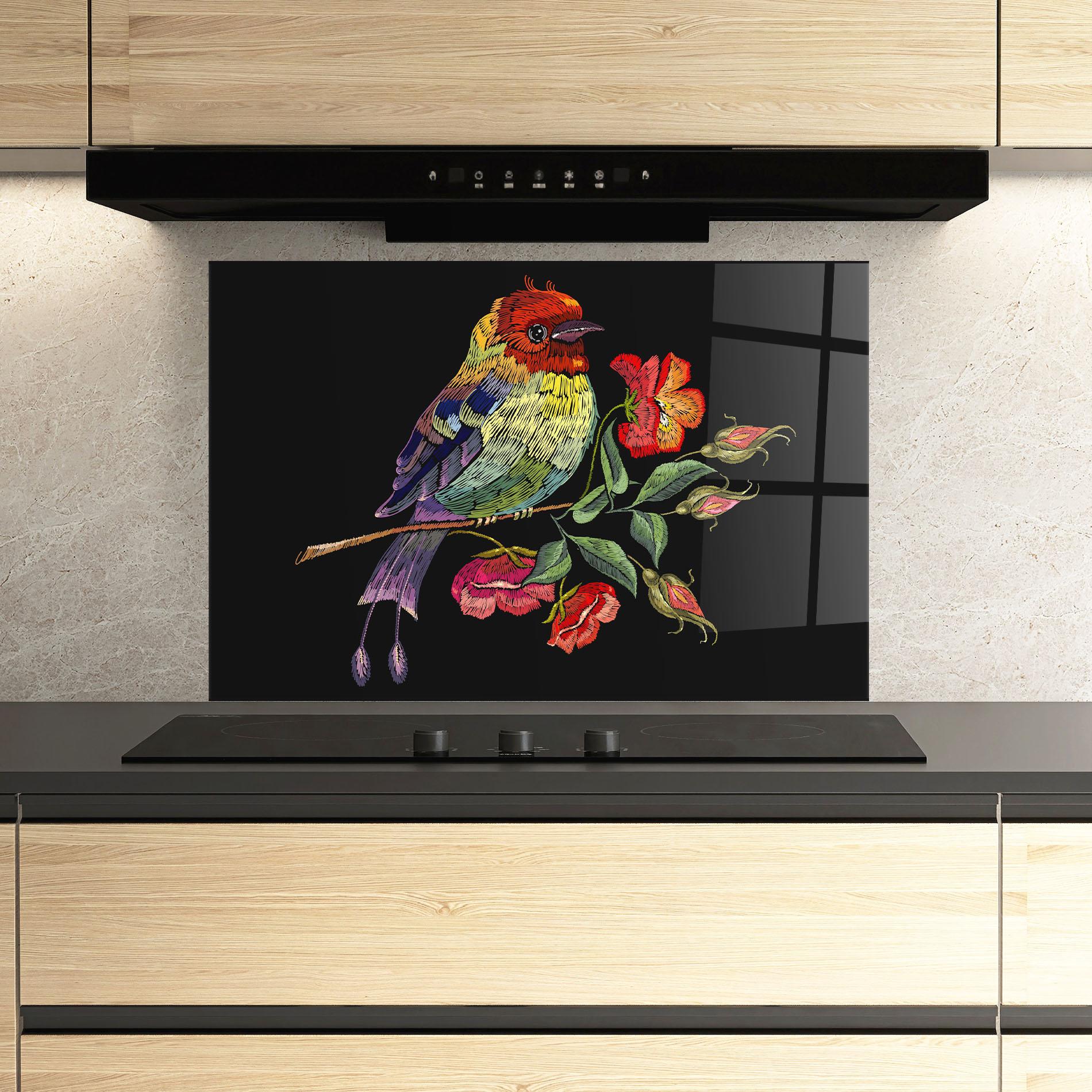 Küchenrückwand Glas Embroidery Pretty Bird mockup 3