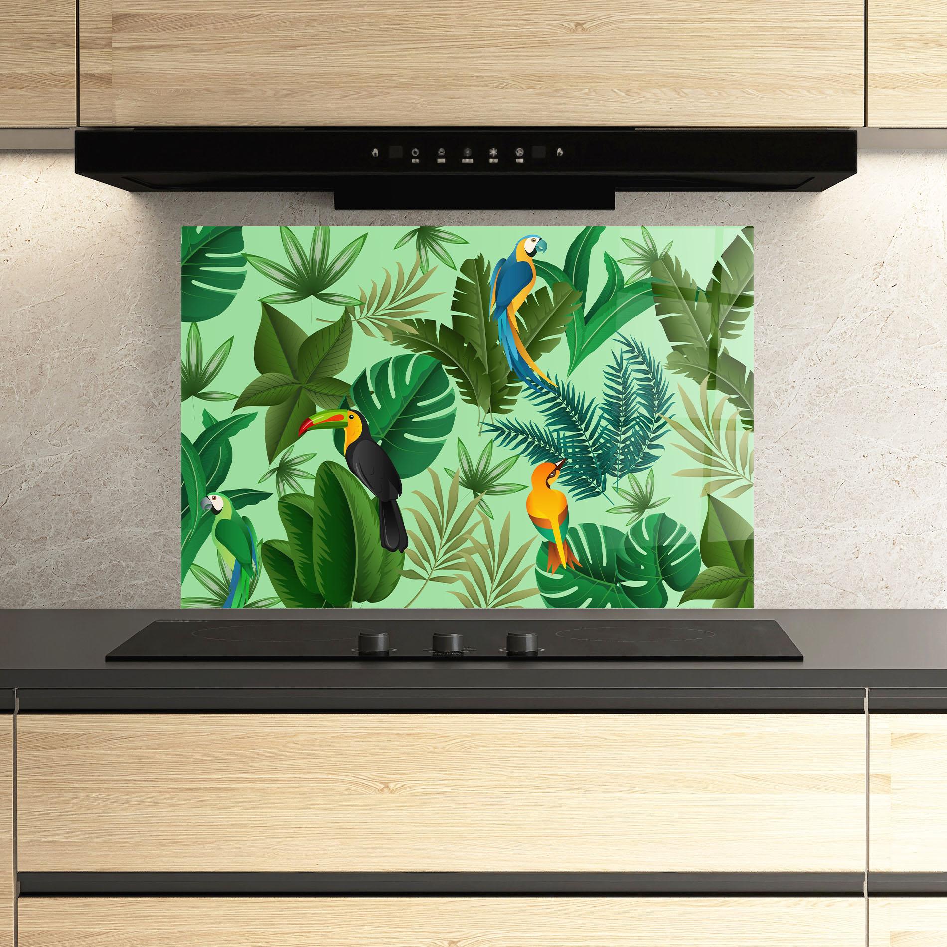 Küchenrückwand Glas Green Jungle Birds mockup 3