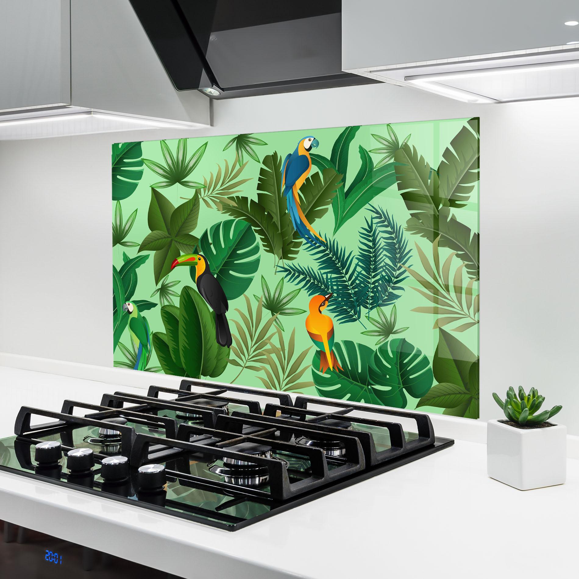 Küchenrückwand Glas Green Jungle Birds mockup 6