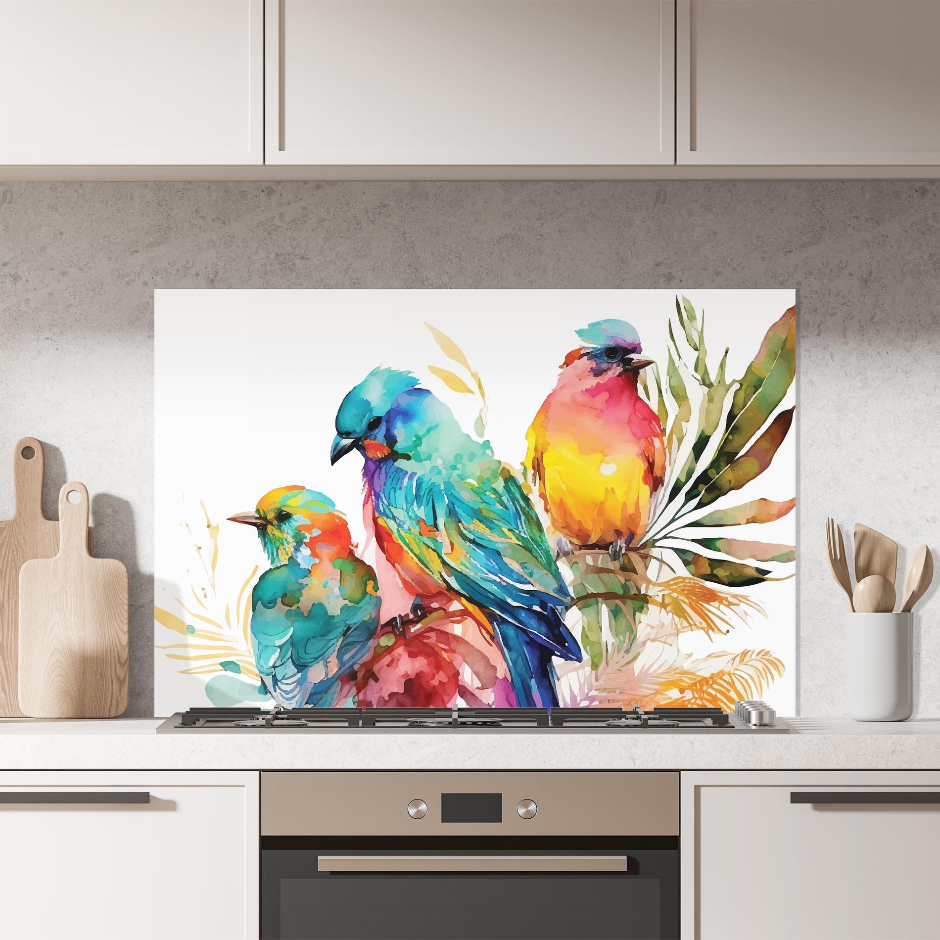 Küchenrückwand Glas Colorful Birds mockup 7