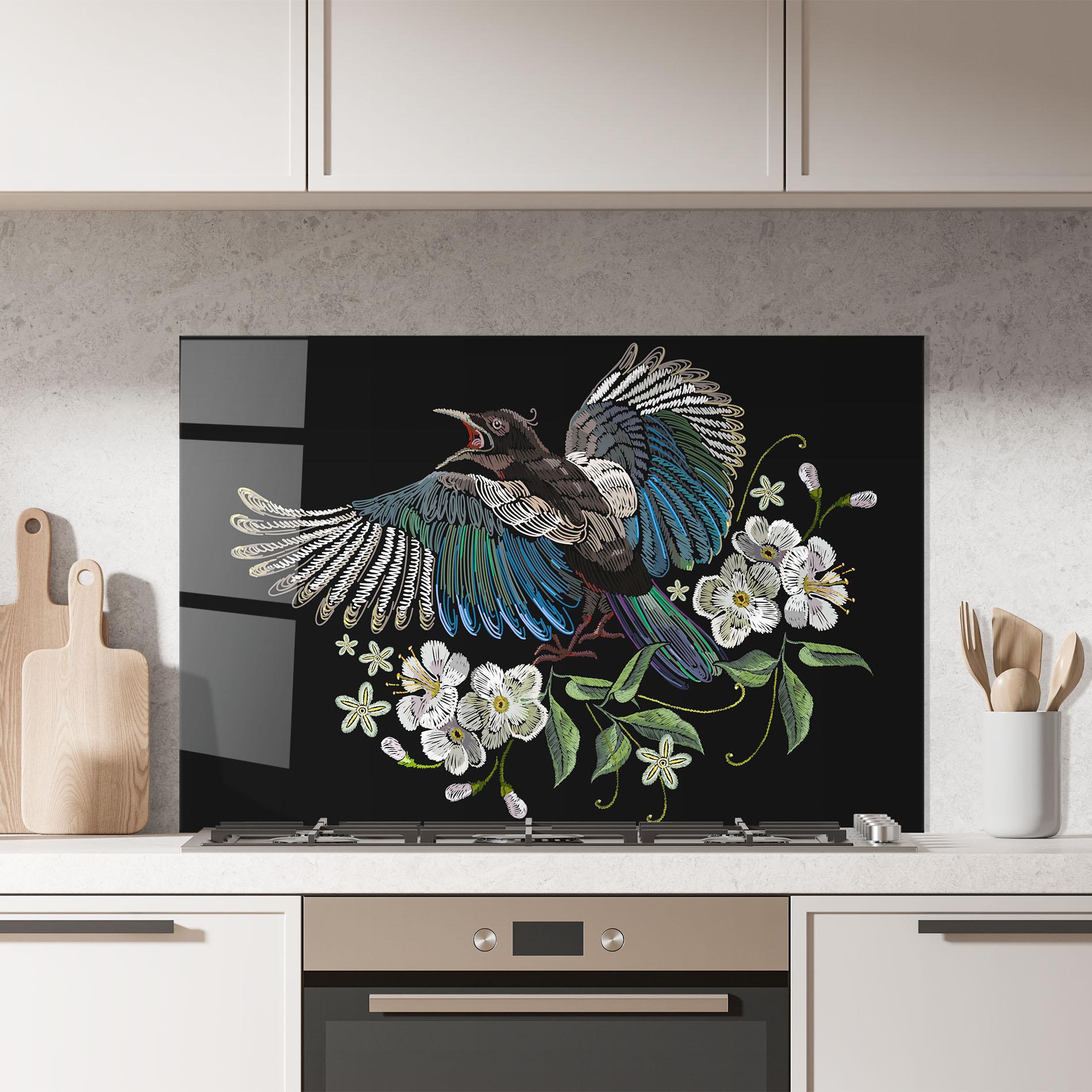 Küchenrückwand Glas Embroidery Bird mockup 7