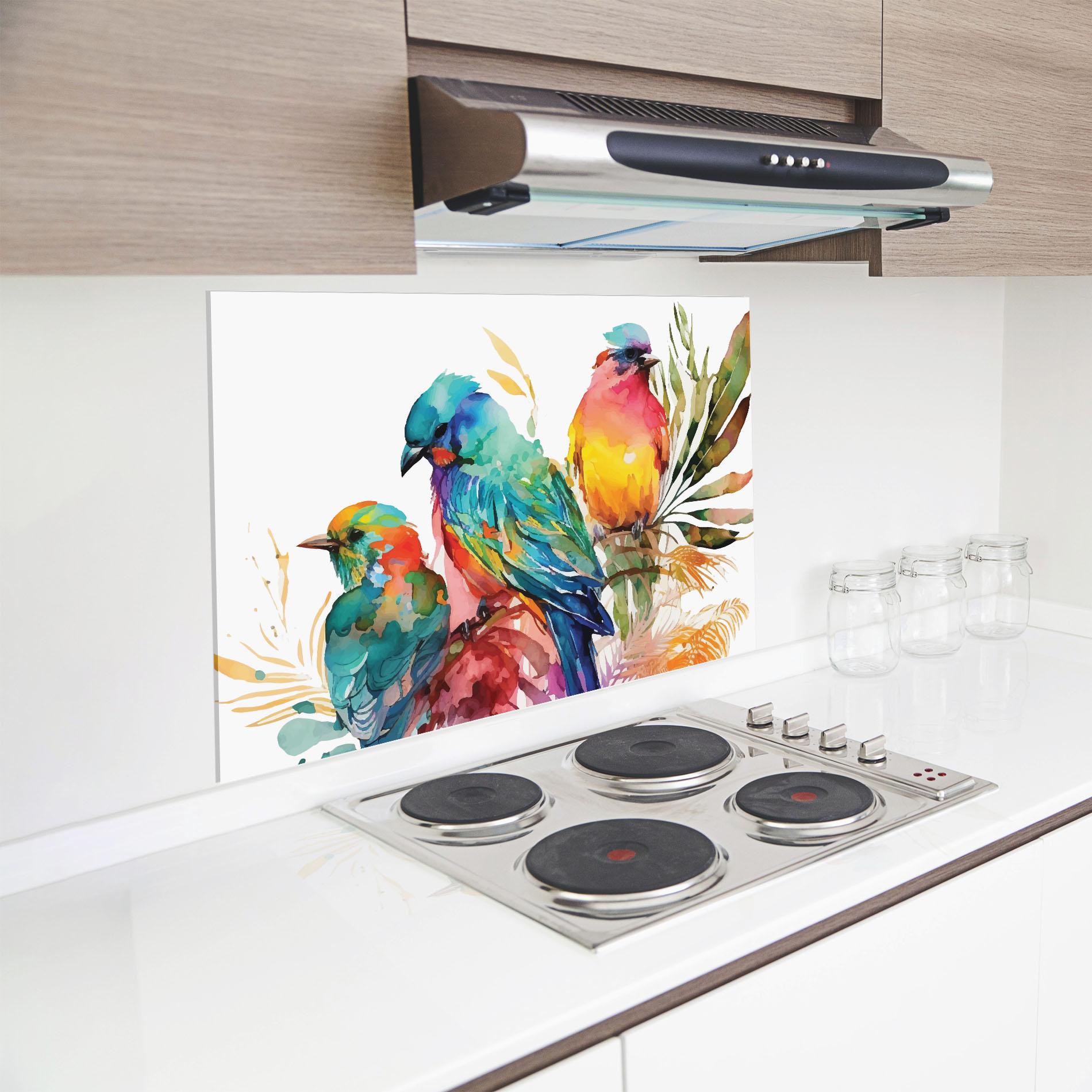 Küchenrückwand Glas Colorful Birds mockup 8