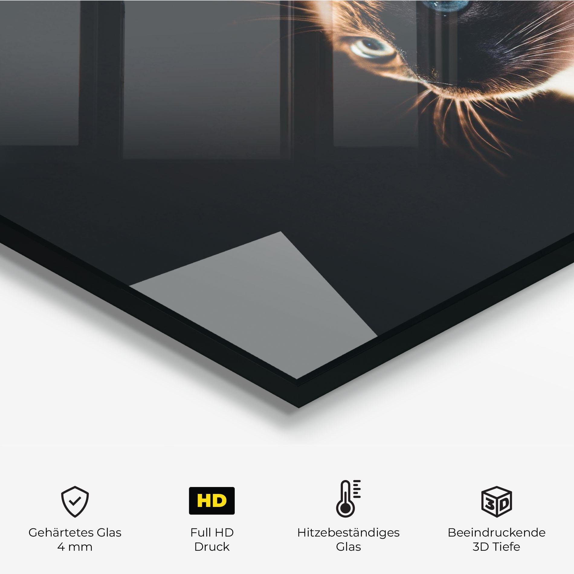 Küchenrückwand Glas Blue Eyes Cat In Dark mockup 2