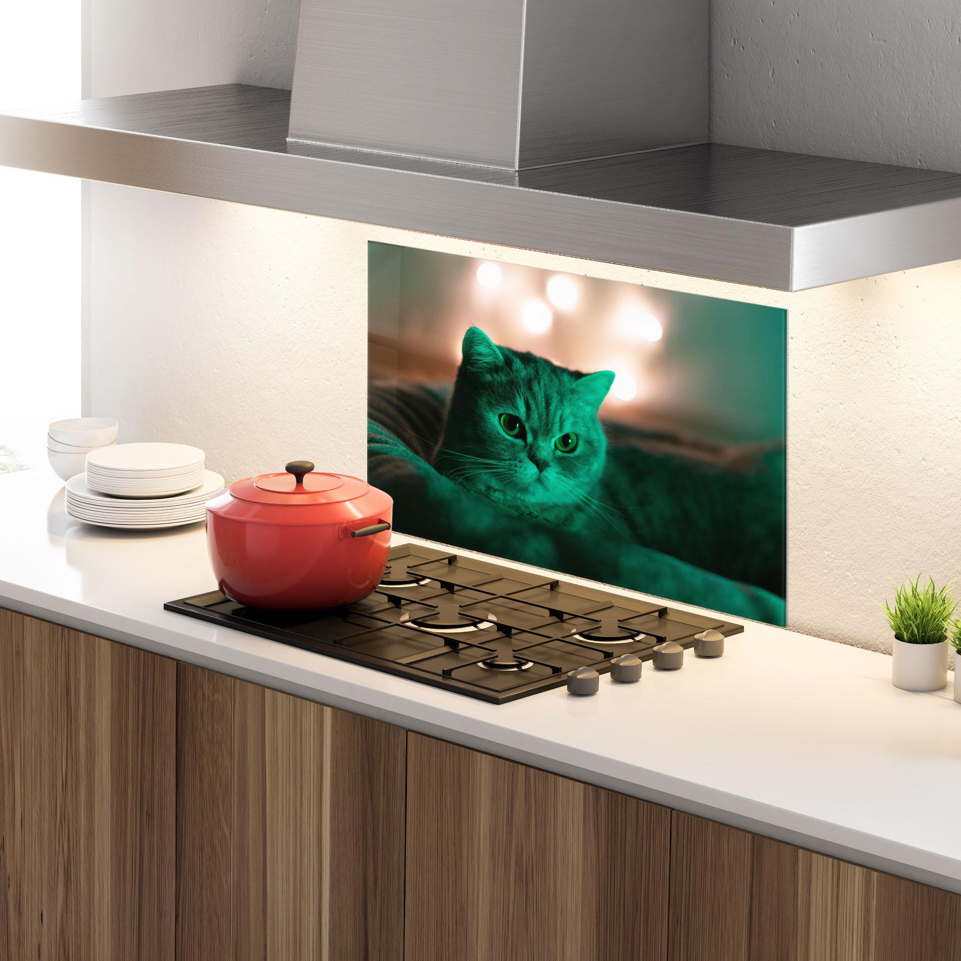 Küchenrückwand Glas Green Light Cat mockup 4