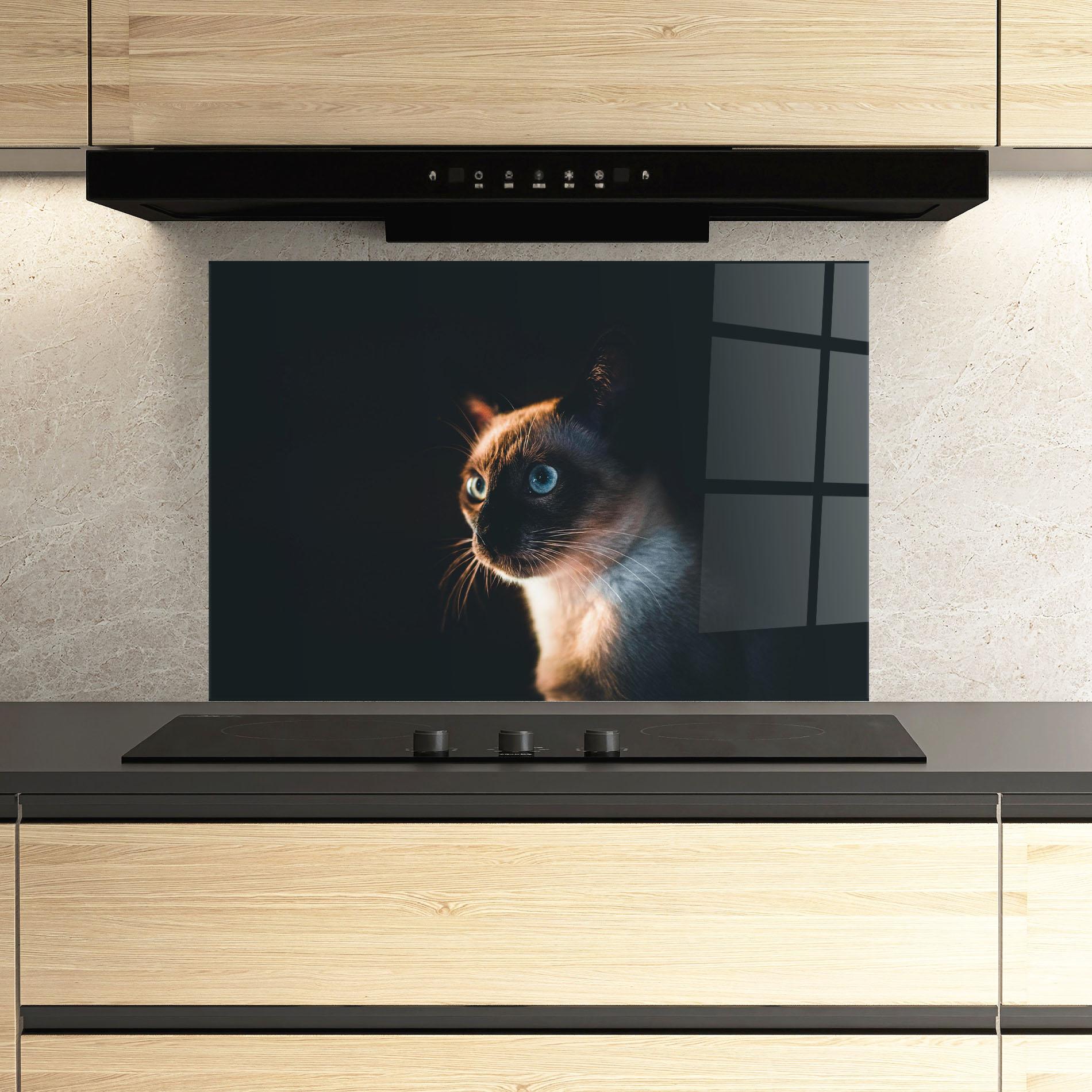 Küchenrückwand Glas Blue Eyes Cat In Dark mockup 3